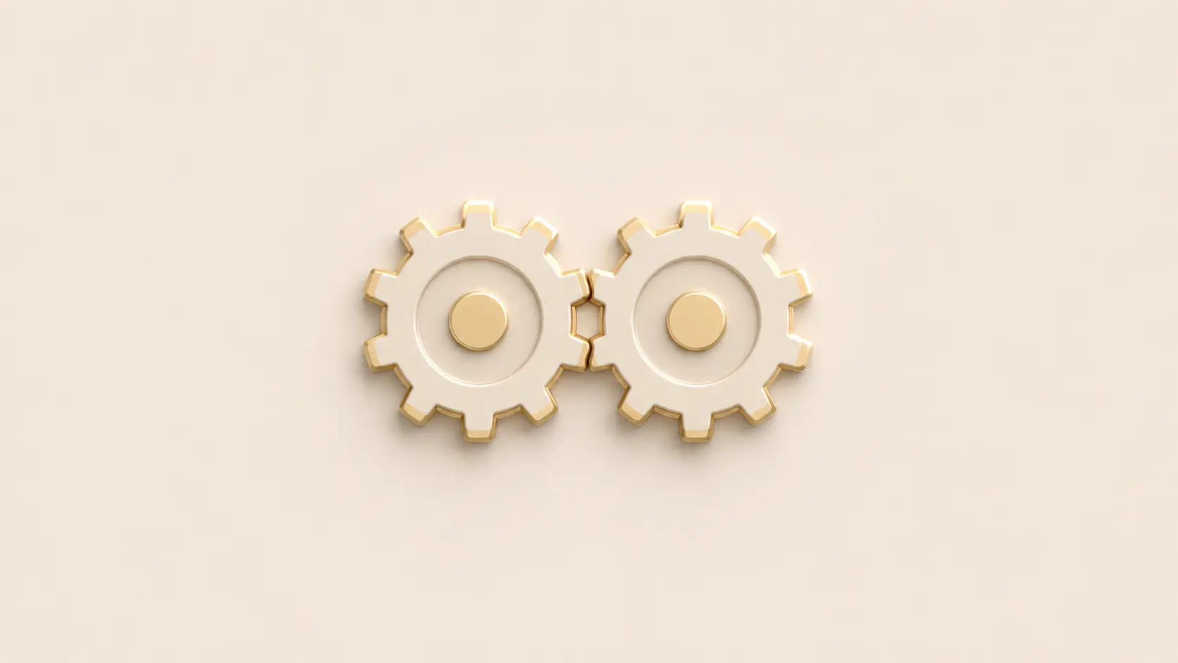 Neumorphic interlocking gears on cream canvas representing the comparison between Veda and Aera Finance vault infrastructure for DeFi builders