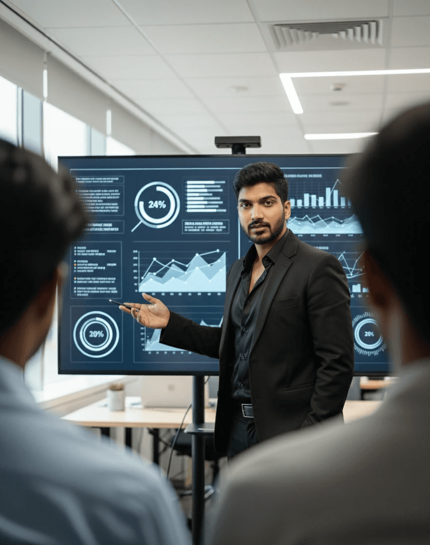 Digital Marketing Trainer Mahendra R presenting AI marketing analytics during a professional workshop
