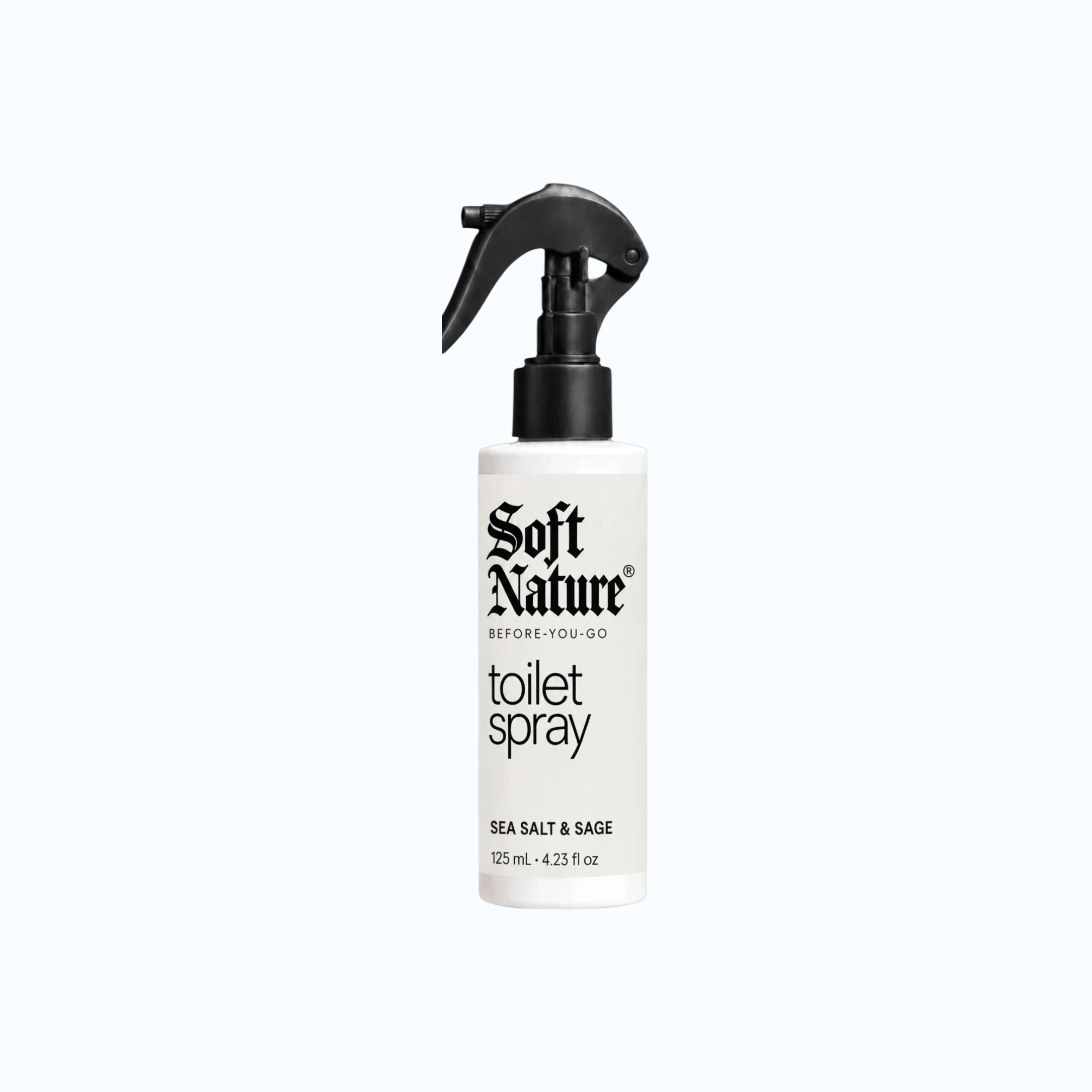 SOFT NATURE Sea Salt & Sage before-you-go toilet spray, 125 mL bottle with a black label and black trigger sprayer.