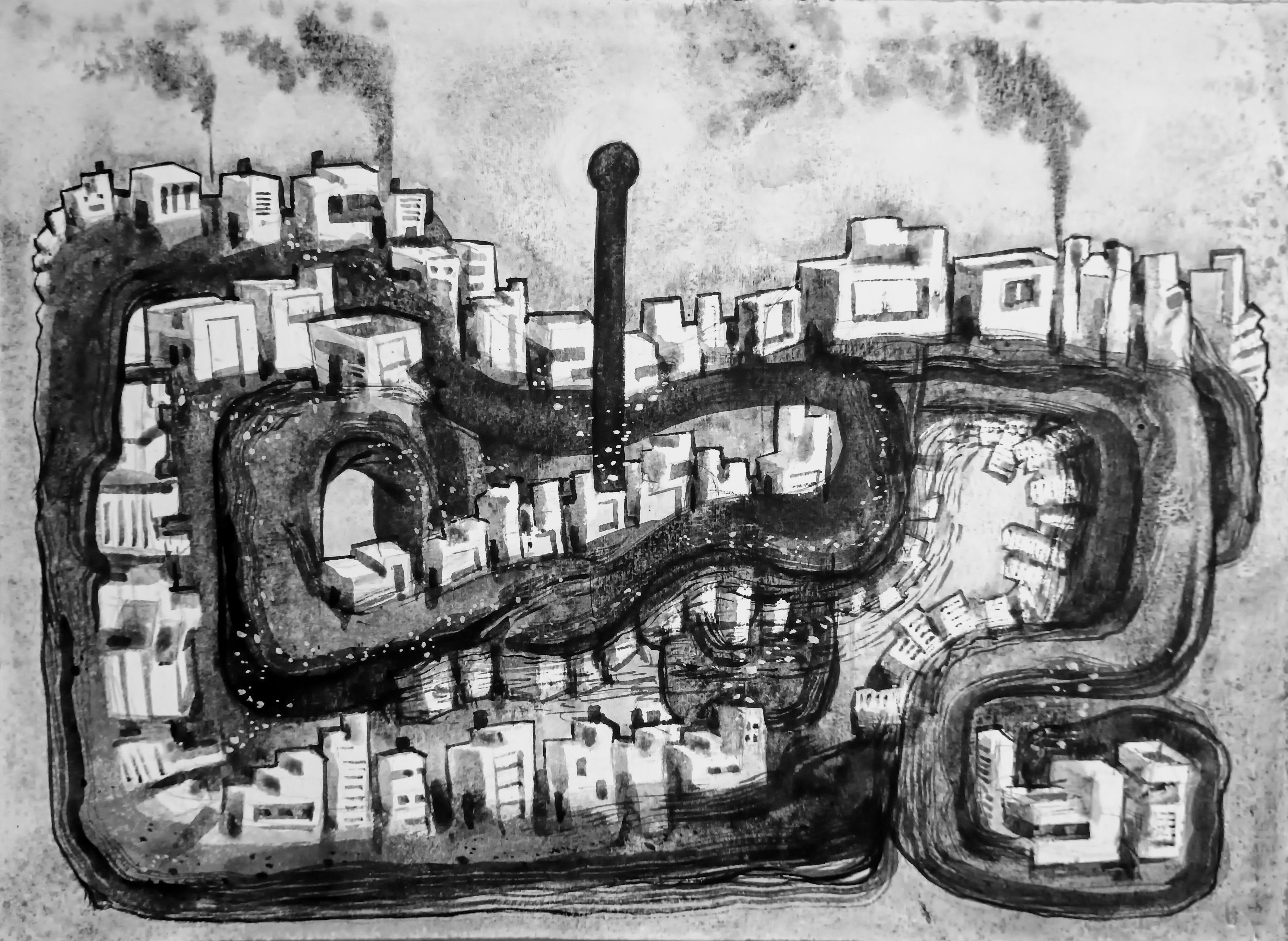 herd of sheep on road painting