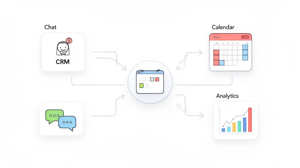 Diagram showing the integration of business tools like CRM, Chat, Calendar, and Analytics with a central calendar system.
