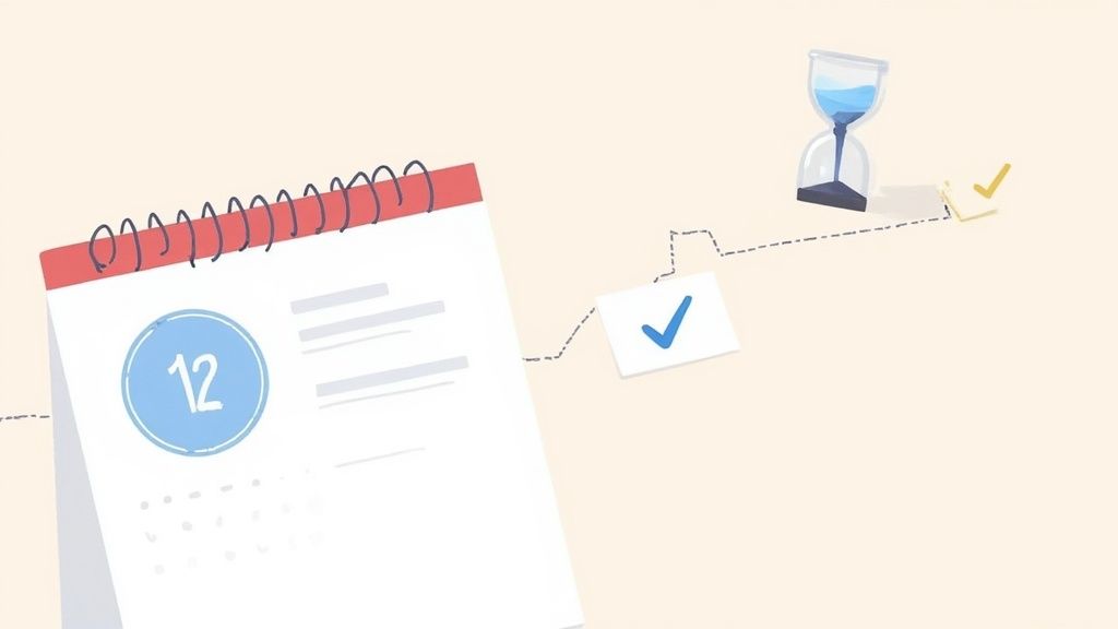 Illustration of a calendar date, tasks, and an hourglass on a timeline, representing time management.