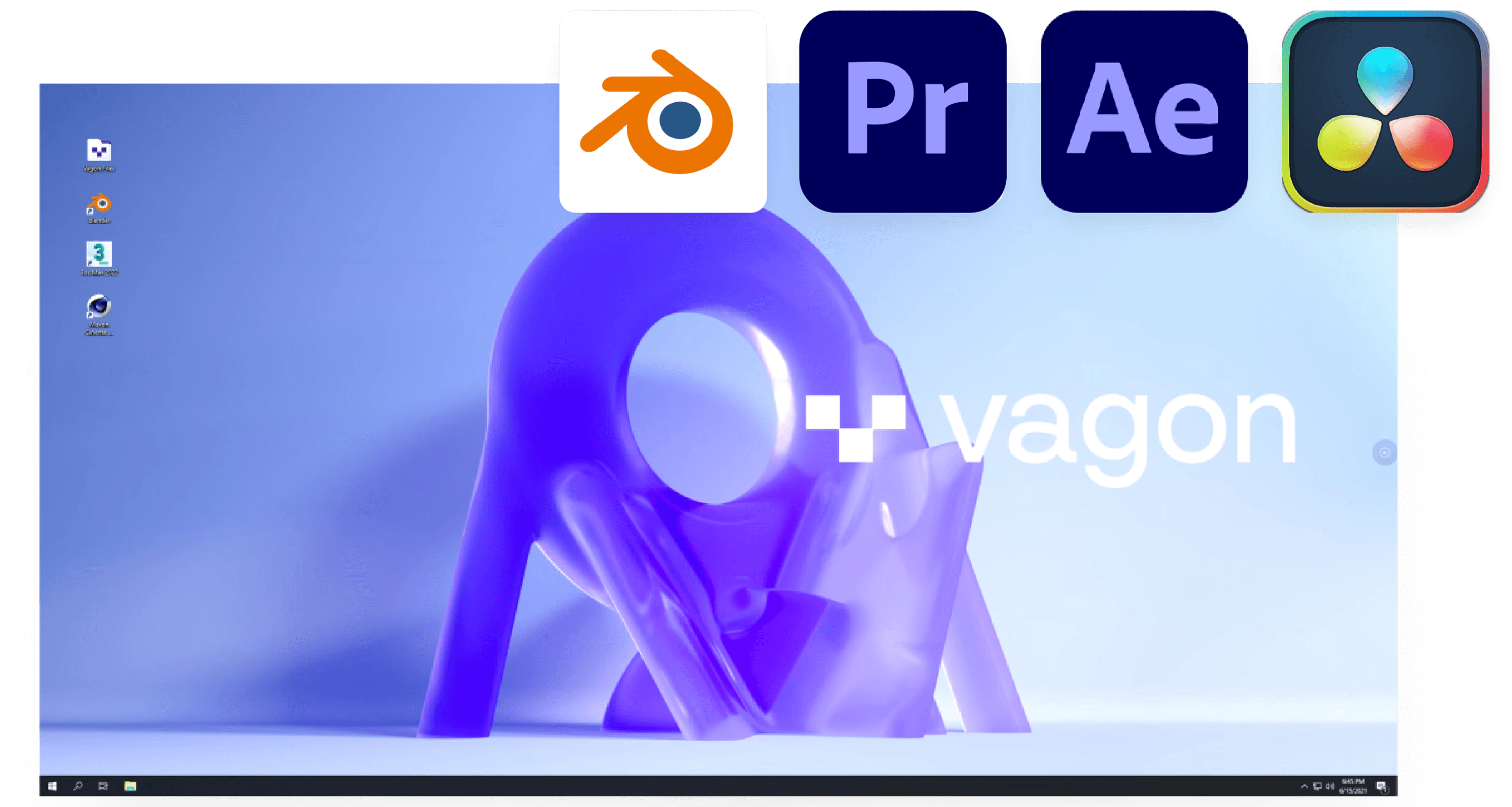 Vagon Cloud Computer desktop running 3D and video software icons including Blender, Premiere Pro, After Effects, and DaVinci Resolve.