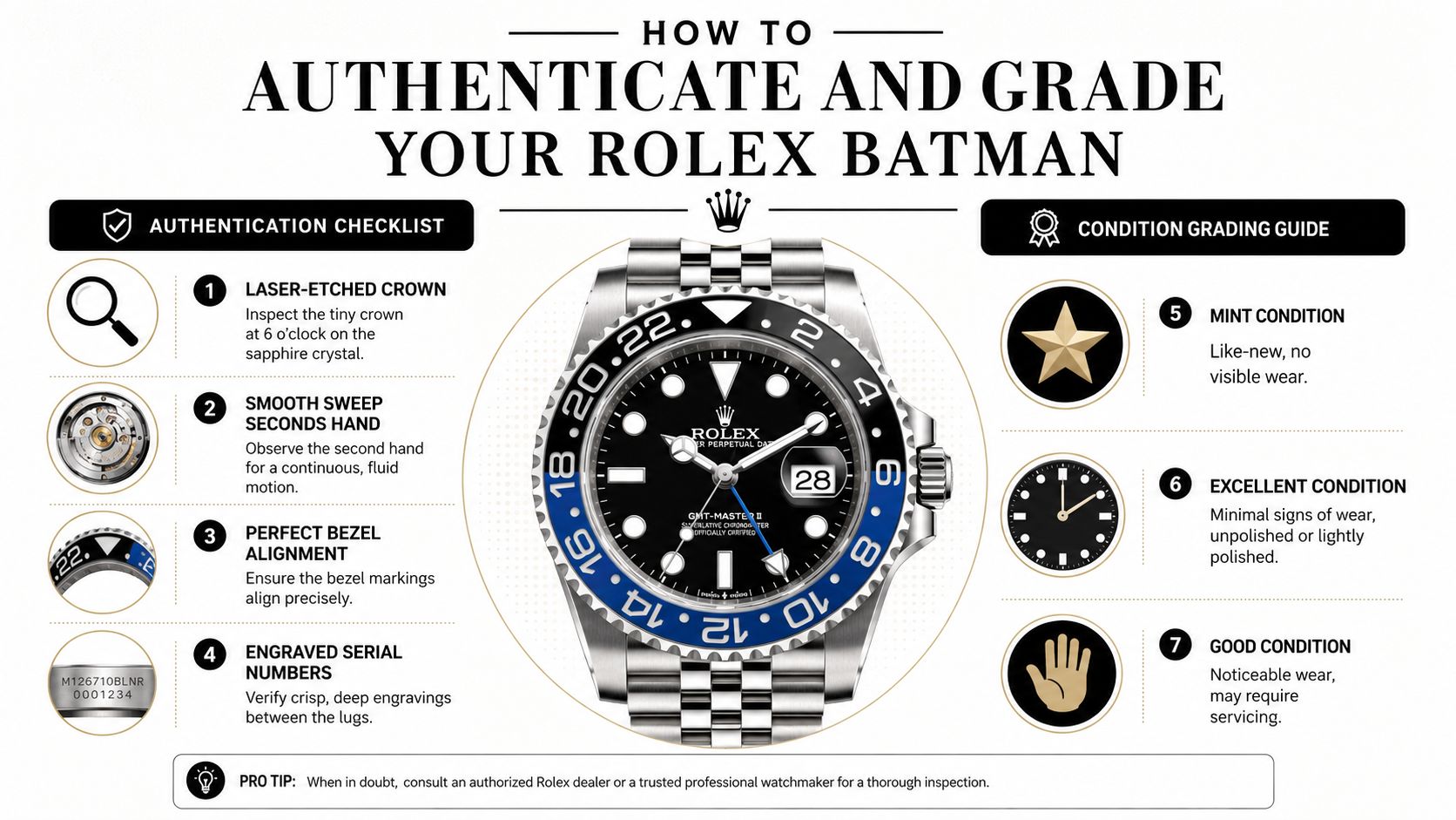 An infographic titled how to authenticate and grade your Rolex Batman watch, detailing verification steps and conditions.