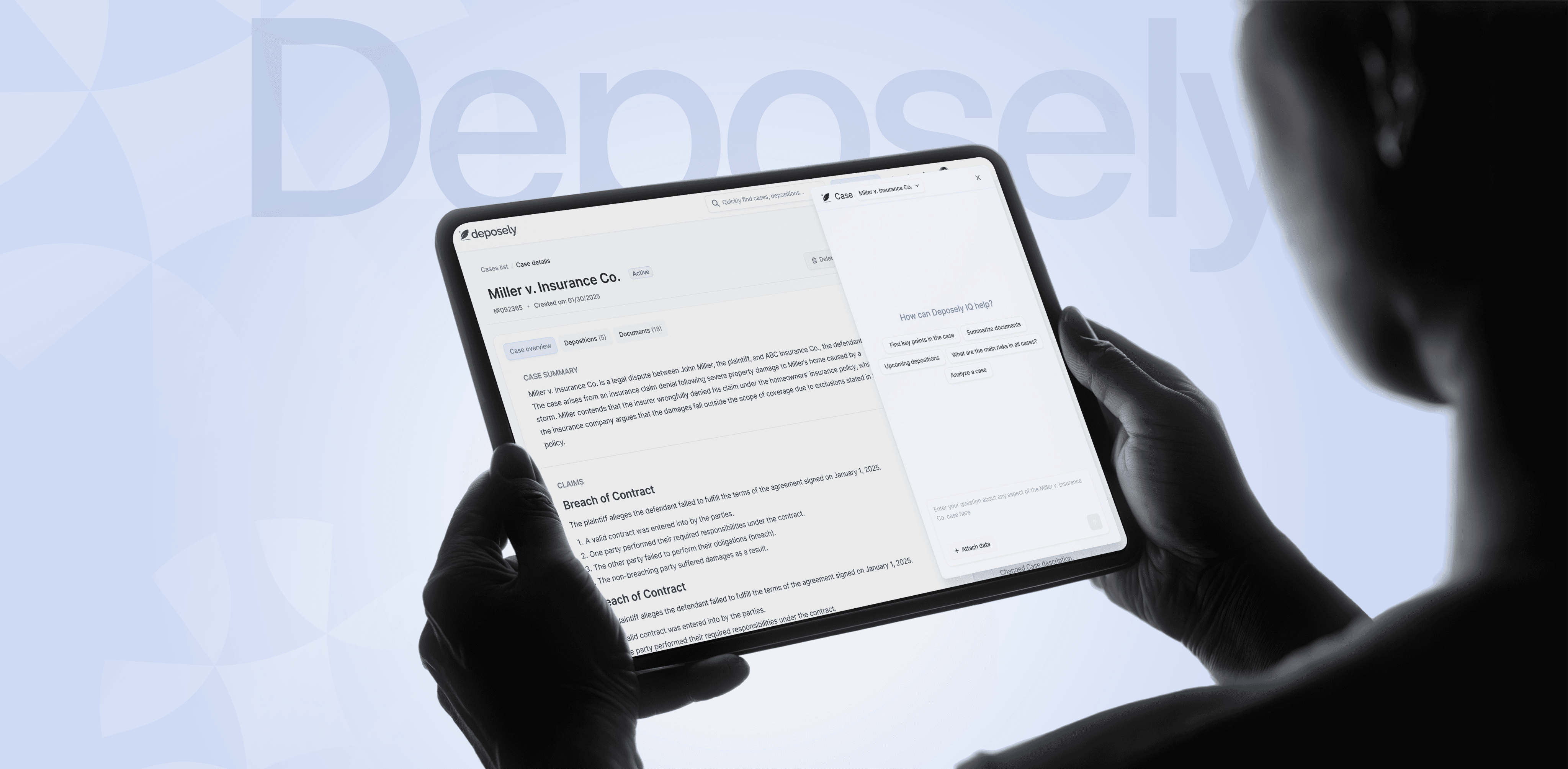 A person holding a tablet, displaying a digital interface, with a light background.