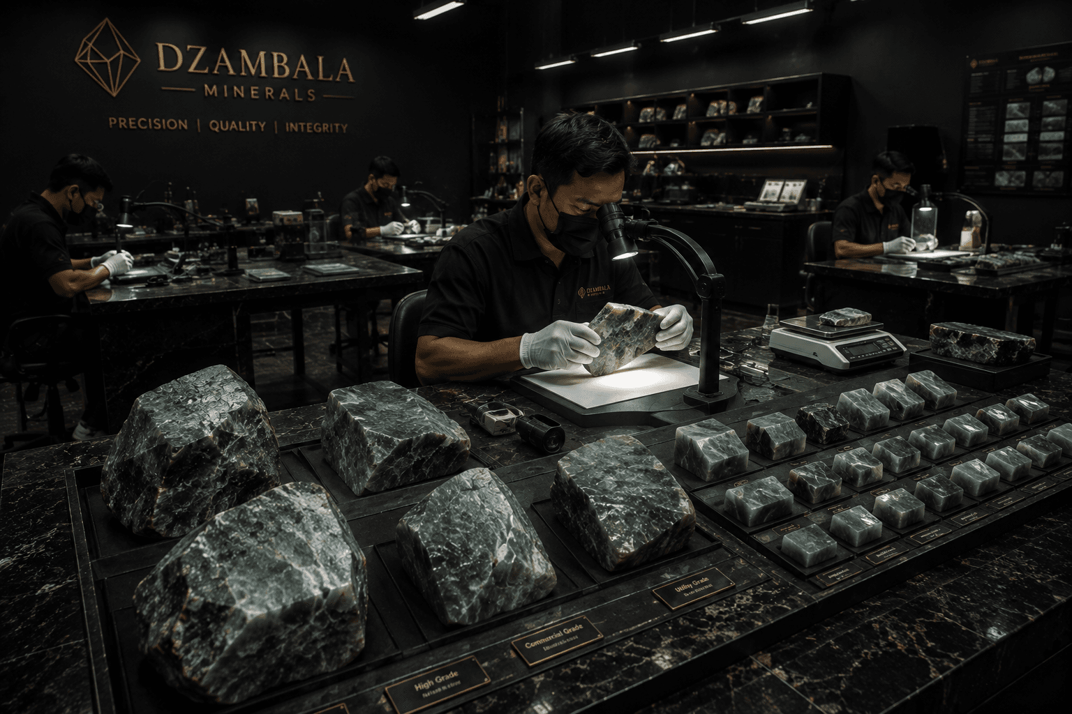 Dzambala Minerals gemmological laboratory grading polished jadeite blocks under controlled lighting