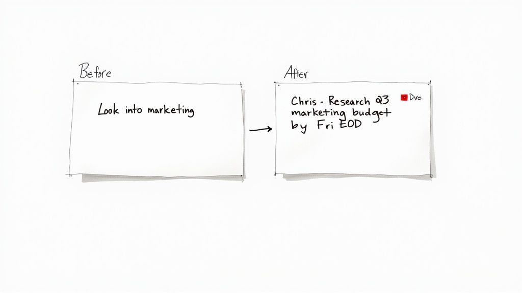 Handwritten cards showing a vague 'Look into marketing' task refined into a specific action item.