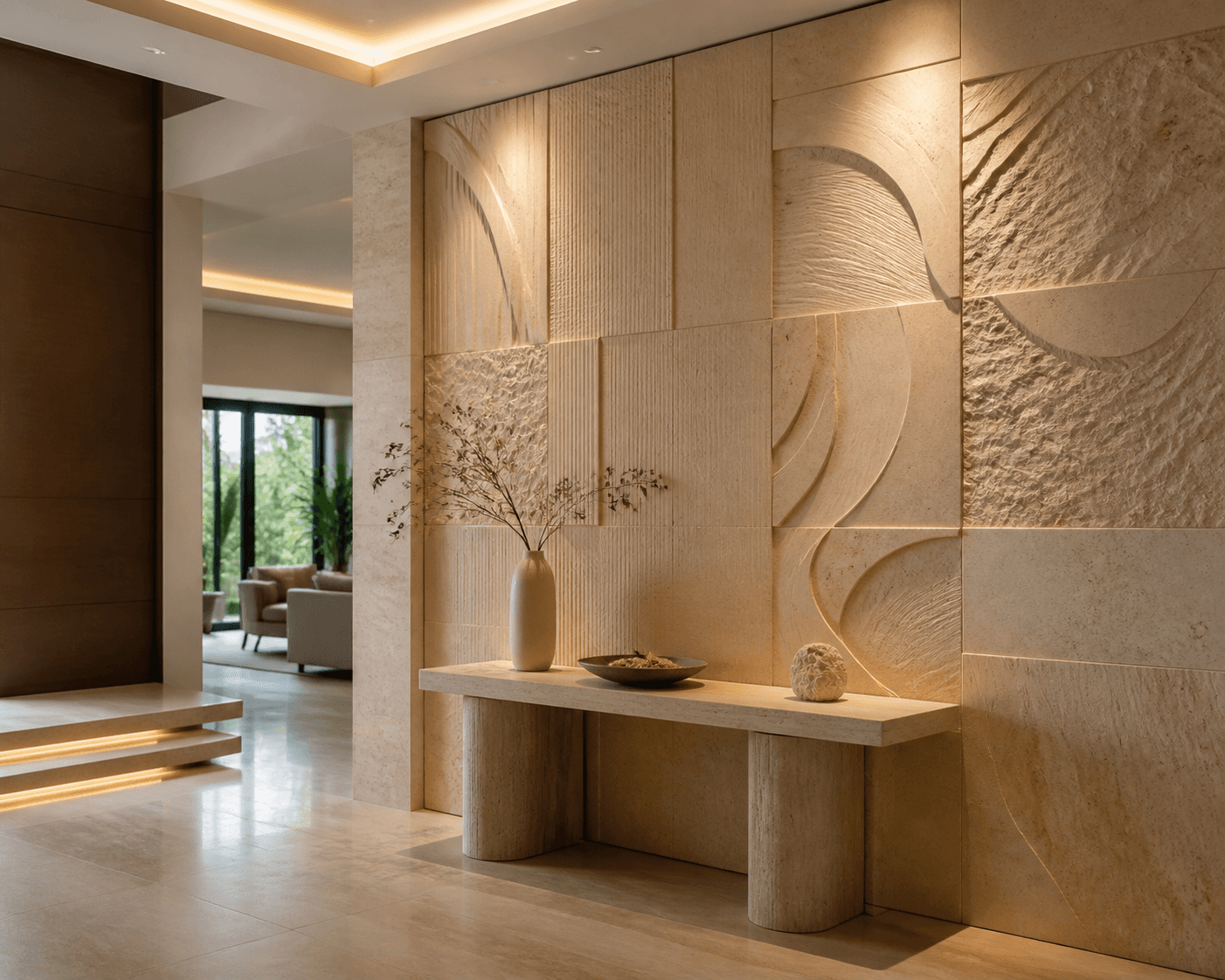 Luxury interior with CNC carved limestone wall panels and custom stone relief feature wall