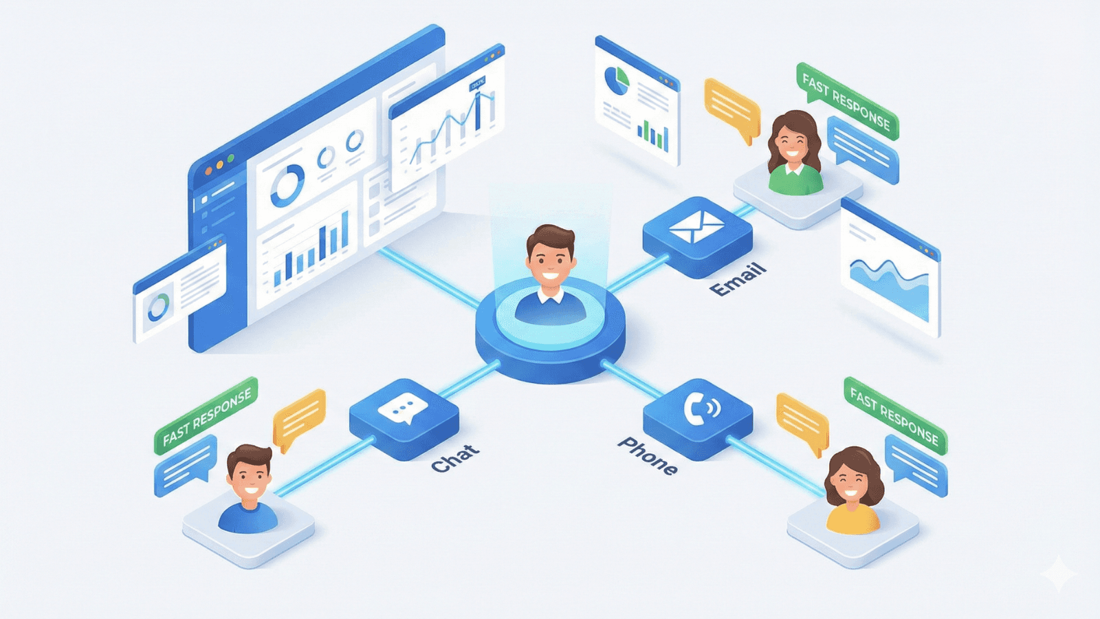 A central customer service agent is connected to multiple communication channels, including chat, phone, and email. Surrounding graphics show dashboards with charts, analytics, and fast-response customer interactions, illustrating an omnichannel support workflow.