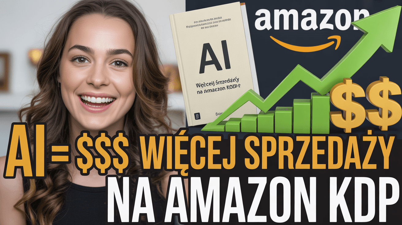 Smiling creator beside AI book cover, Amazon logo, rising sales graph, and Polish KDP sales headline
