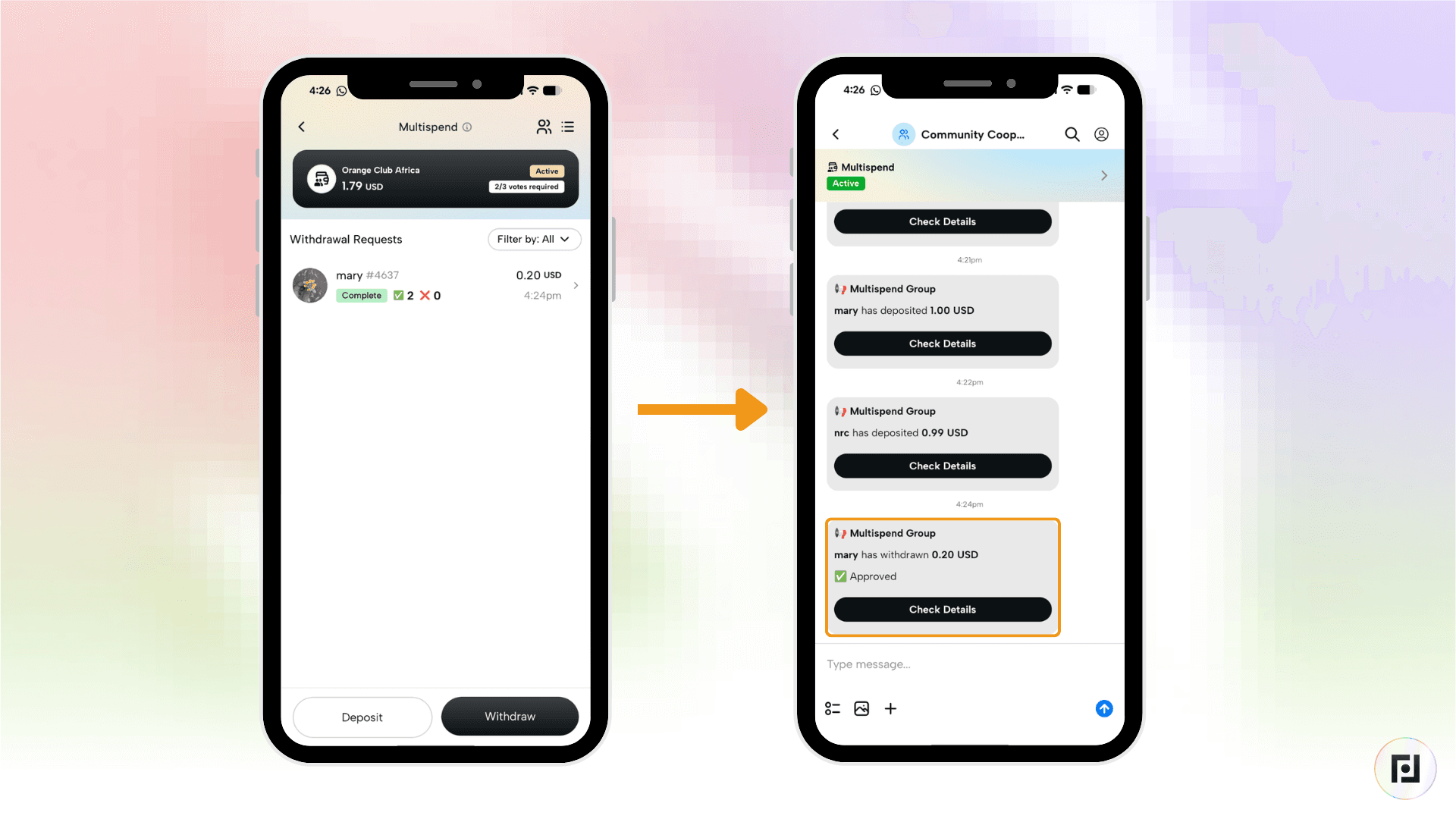 Conversa em grupo no aplicativo Fedi Multispend mostrando a aprovação concluída do saque, com o saque de 0,20 USD da Mary marcado como Aprovado