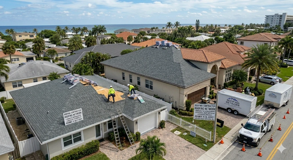 Roofing contractor Dania Beach FL — shingle roof replacement on residential home by Roofing Network licensed contractor