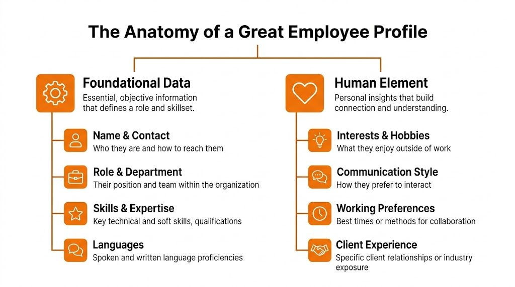 An infographic titled The Anatomy of a Great Employee Profile showing foundational data and the human element.