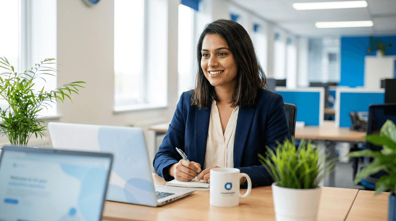 Confident professional woman seated at a desk smiling while working on a laptop in a bright modern office with plants and natural light, conveying expertise and calm focus.