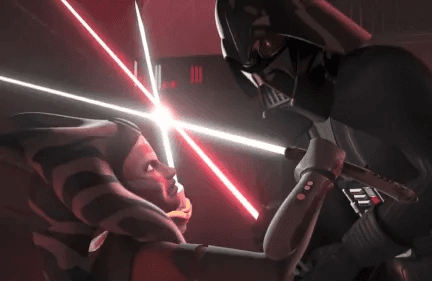 Ahsoka Tano with crossed white lightsabers blocking Darth Vader who is holding a red lightsaber