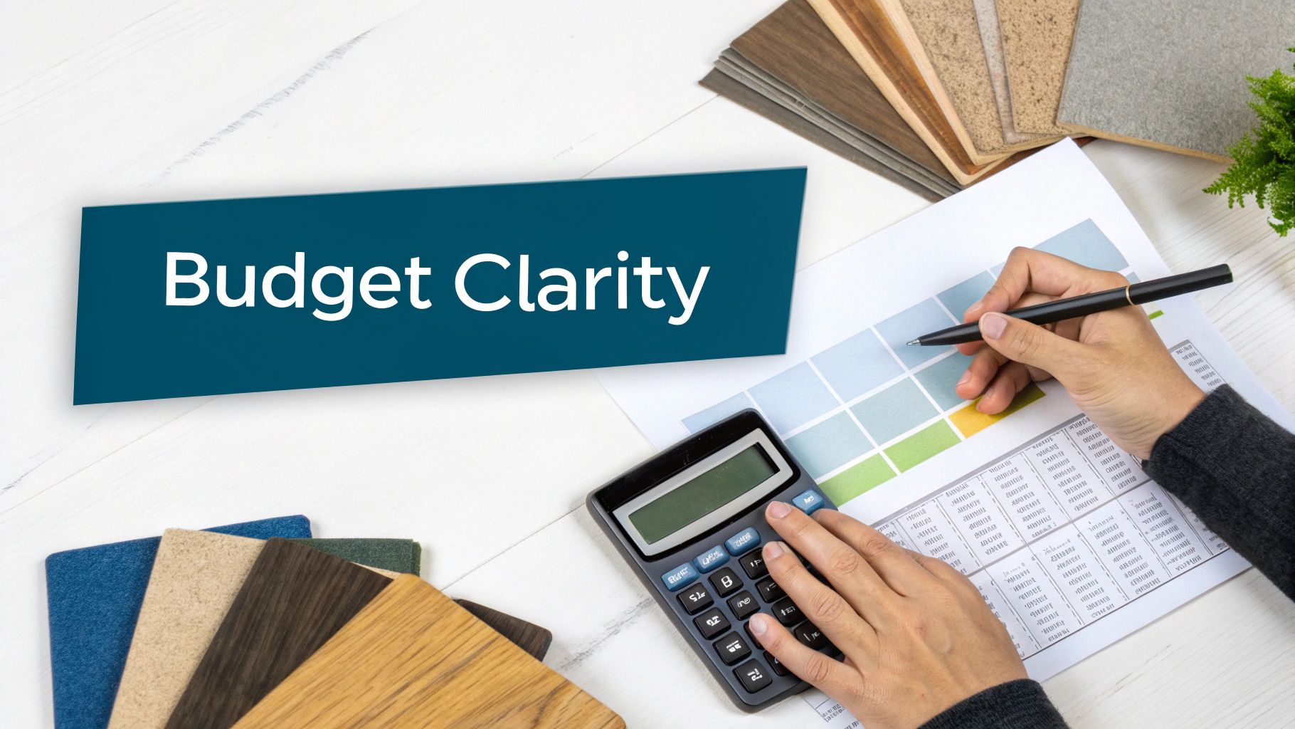 Overhead view of hands using a calculator and pen on a budget spreadsheet, with "Budget Clarity" text and design samples.