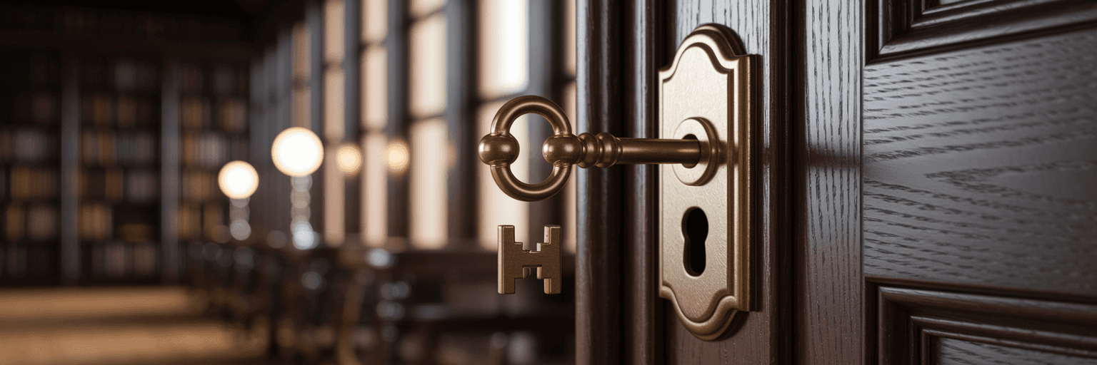 Ornate key fitting perfectly into a lock.