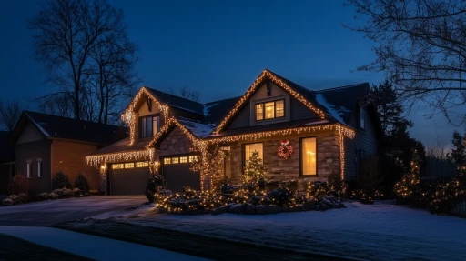 Holiday light installation on a snow-covered home in Chester County, PA, with classic warm roofline and landscaping lights.