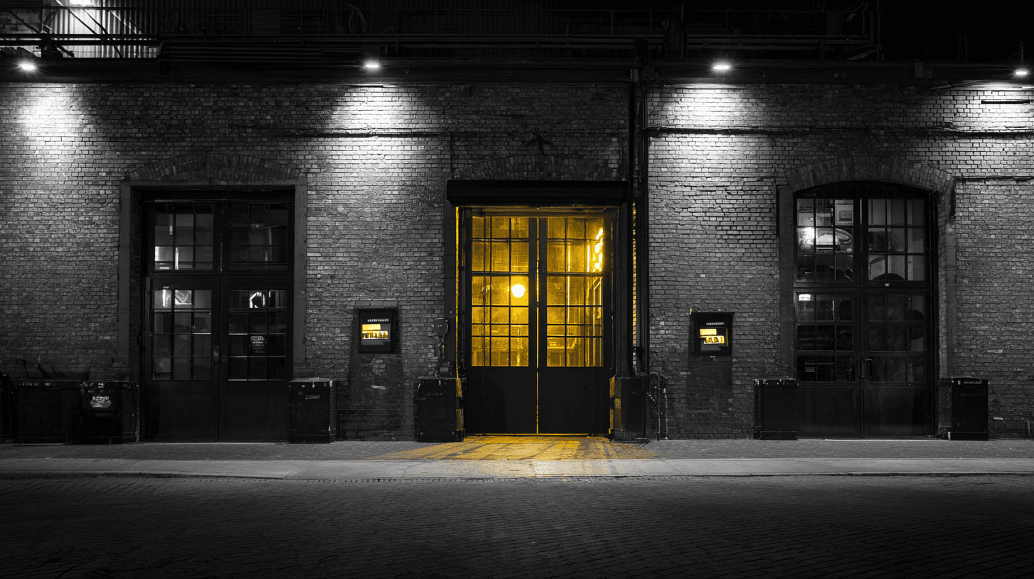 Exterior of a converted industrial warehouse nightclub at night, raw brick facade, heavy steel doors, warm golden light spilling from entrance, dark urban street, black and white photography, selective color gold only on entrance light and signage glow