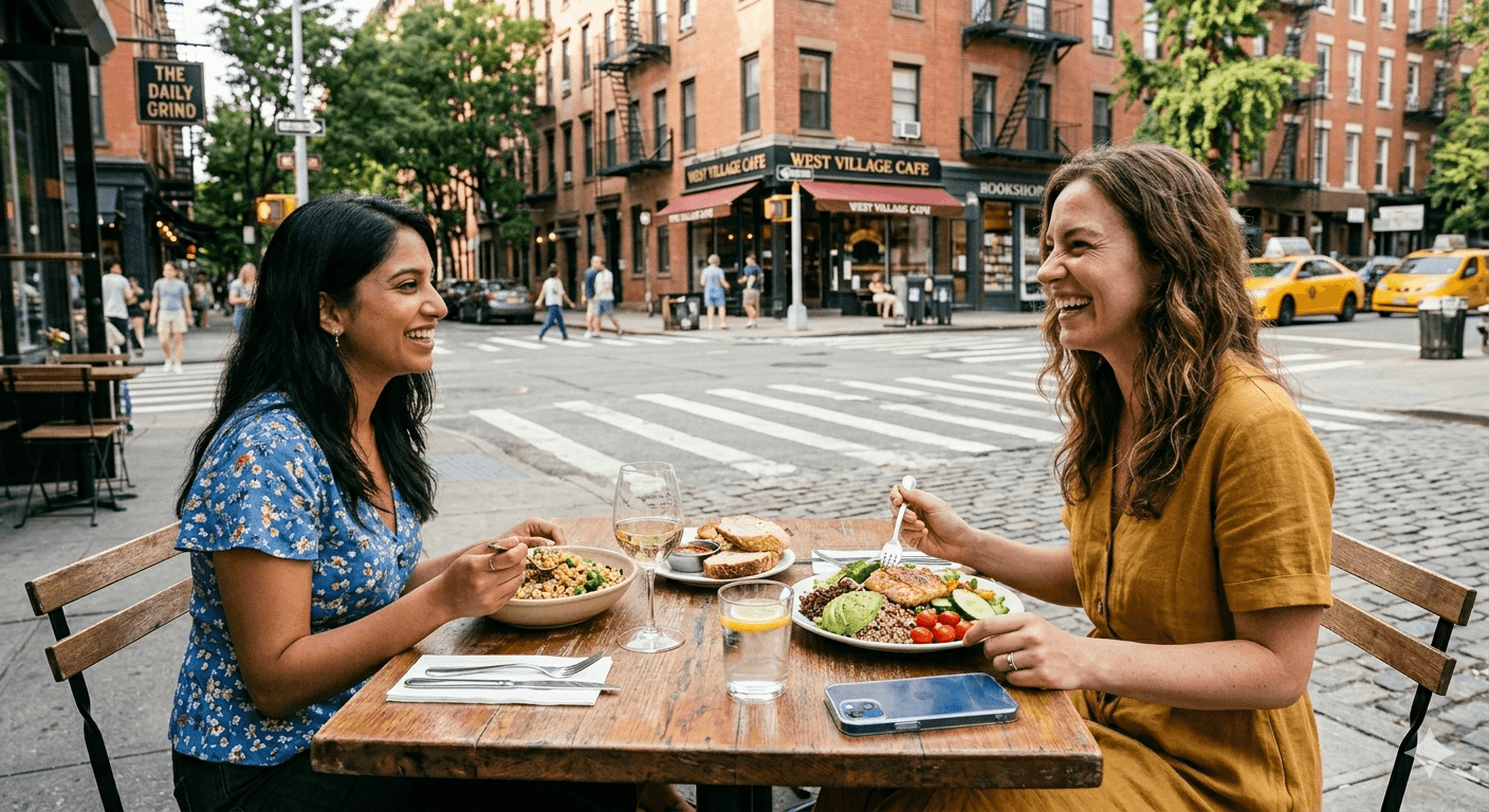How to track calories restaurant guide. AI photos, log drinks, round up. Two women dining, using Hoot to track calories.
