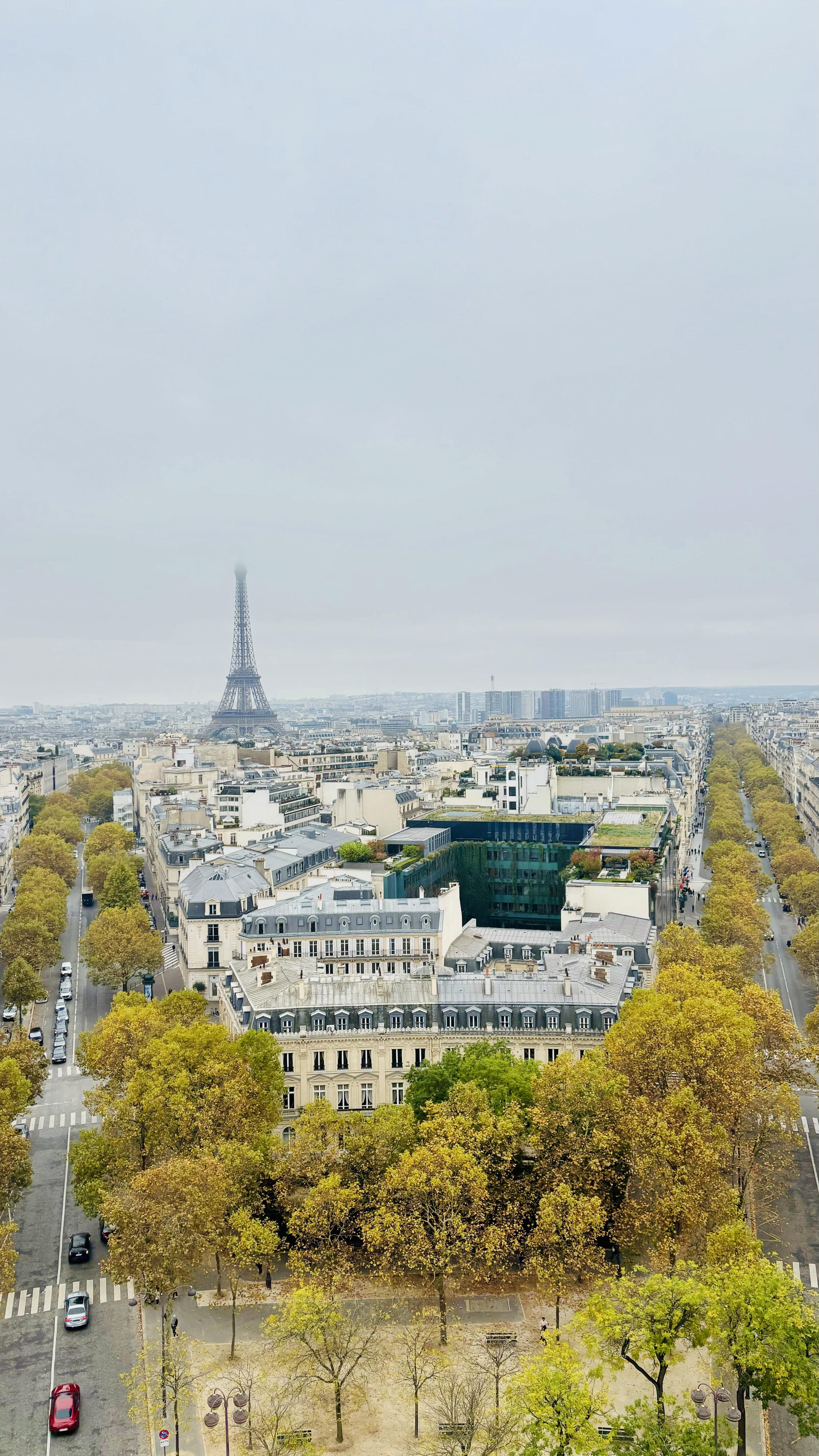Aerial view of Paris with the Eiffel Tower in fog