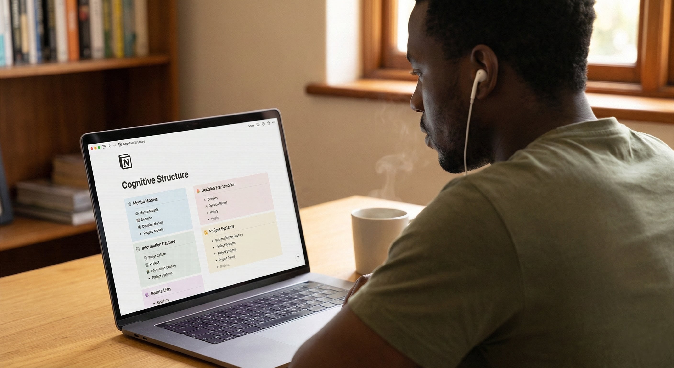 Over-the-shoulder view of a user working on a laptop, showing the Cognitive Structure dashboard with mental models and decision frameworks.