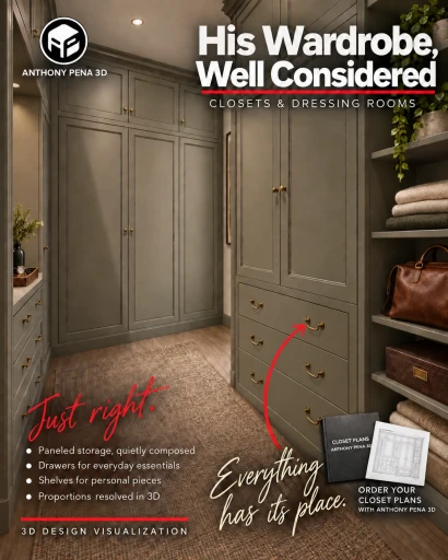 Concept cover of dark paneled wardrobe doors, drawers and open shelves in a compact dressing room.