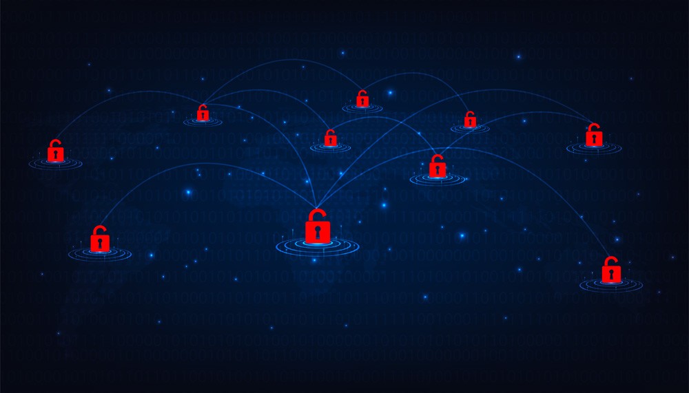 Red digital warning symbol glowing on a circuit board interface, representing active ransomware exploitation of the VMware ESXi CVE 2025 22225 vulnerability and hypervisor compromise.
