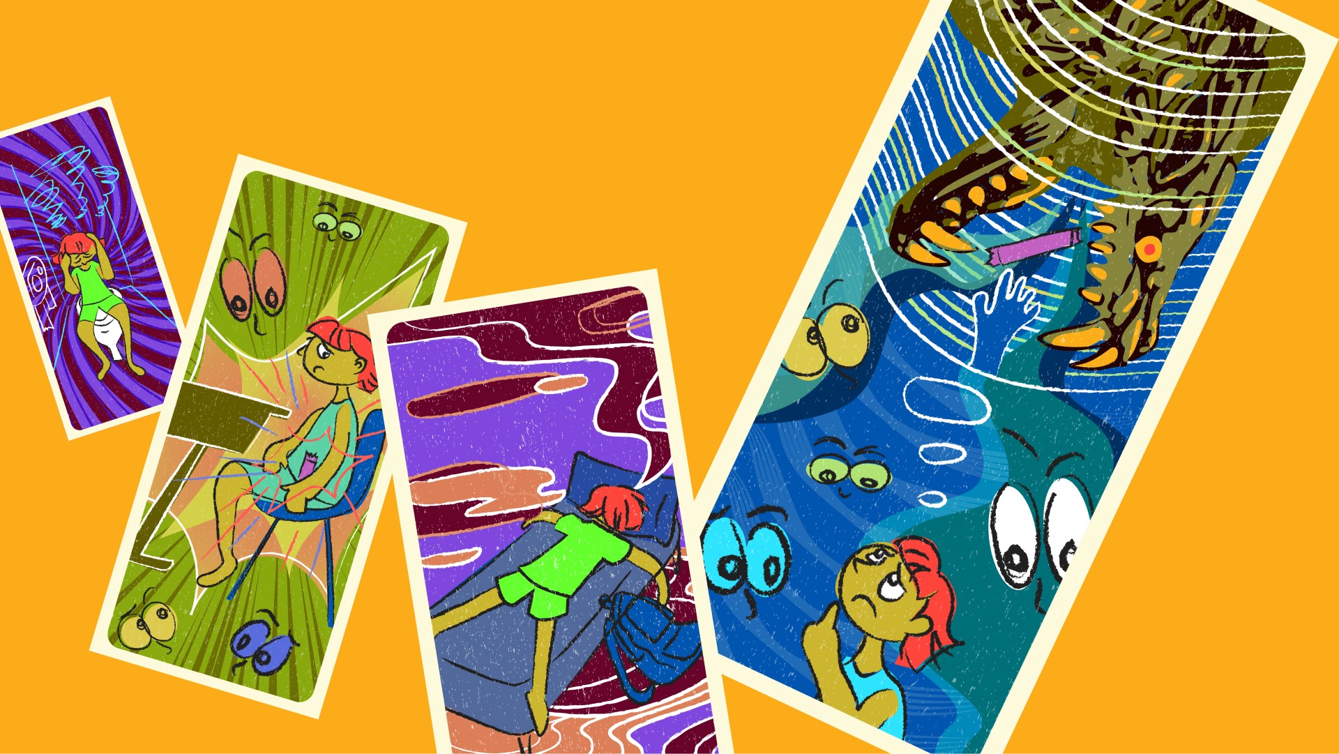 Illustrated choice cards show school scenarios involving unexpected periods, asking for help, and managing stigma.