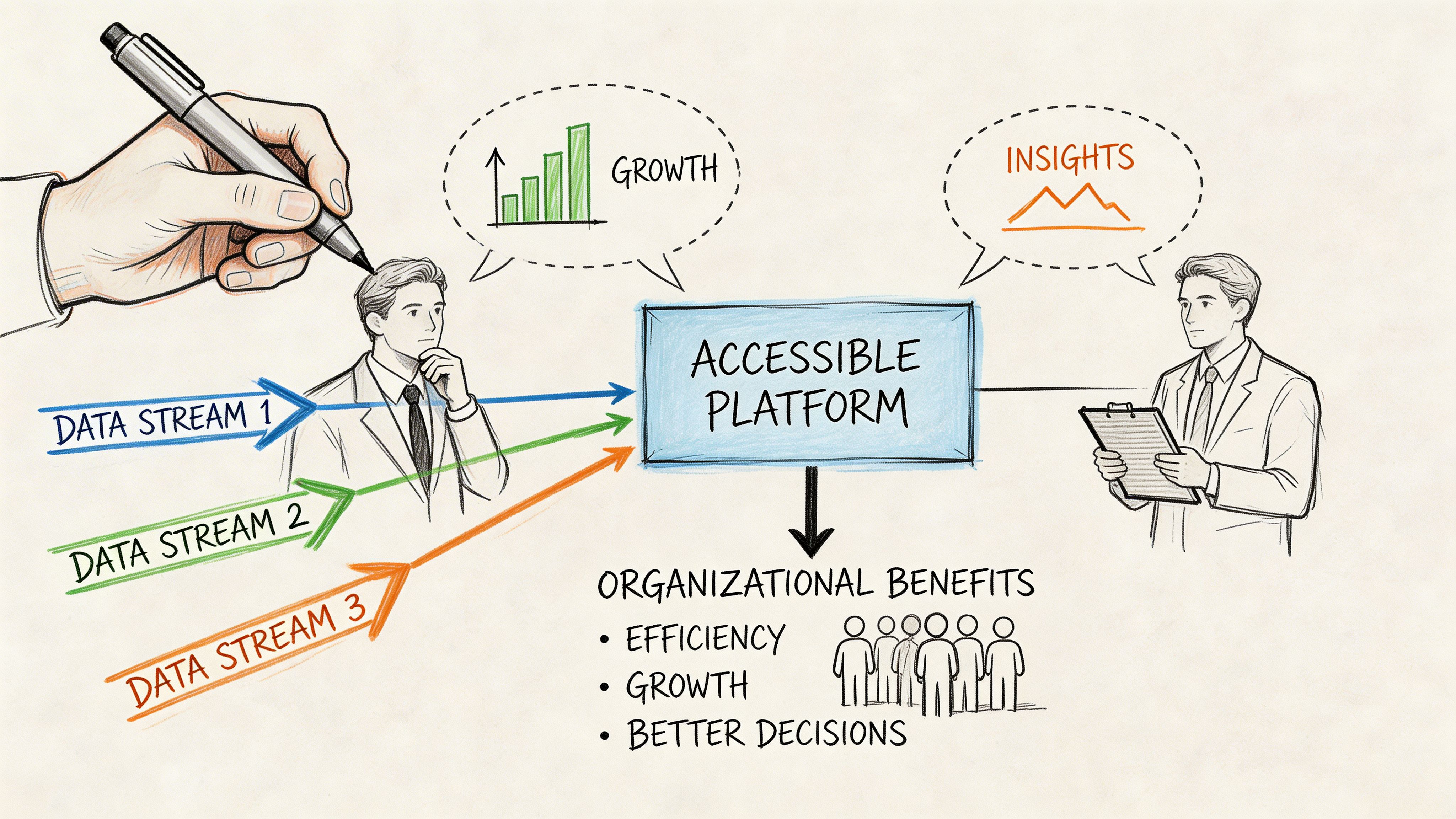 A hand-drawn illustration showing data streams feeding into an accessible platform that provides insights and organizational benefits.