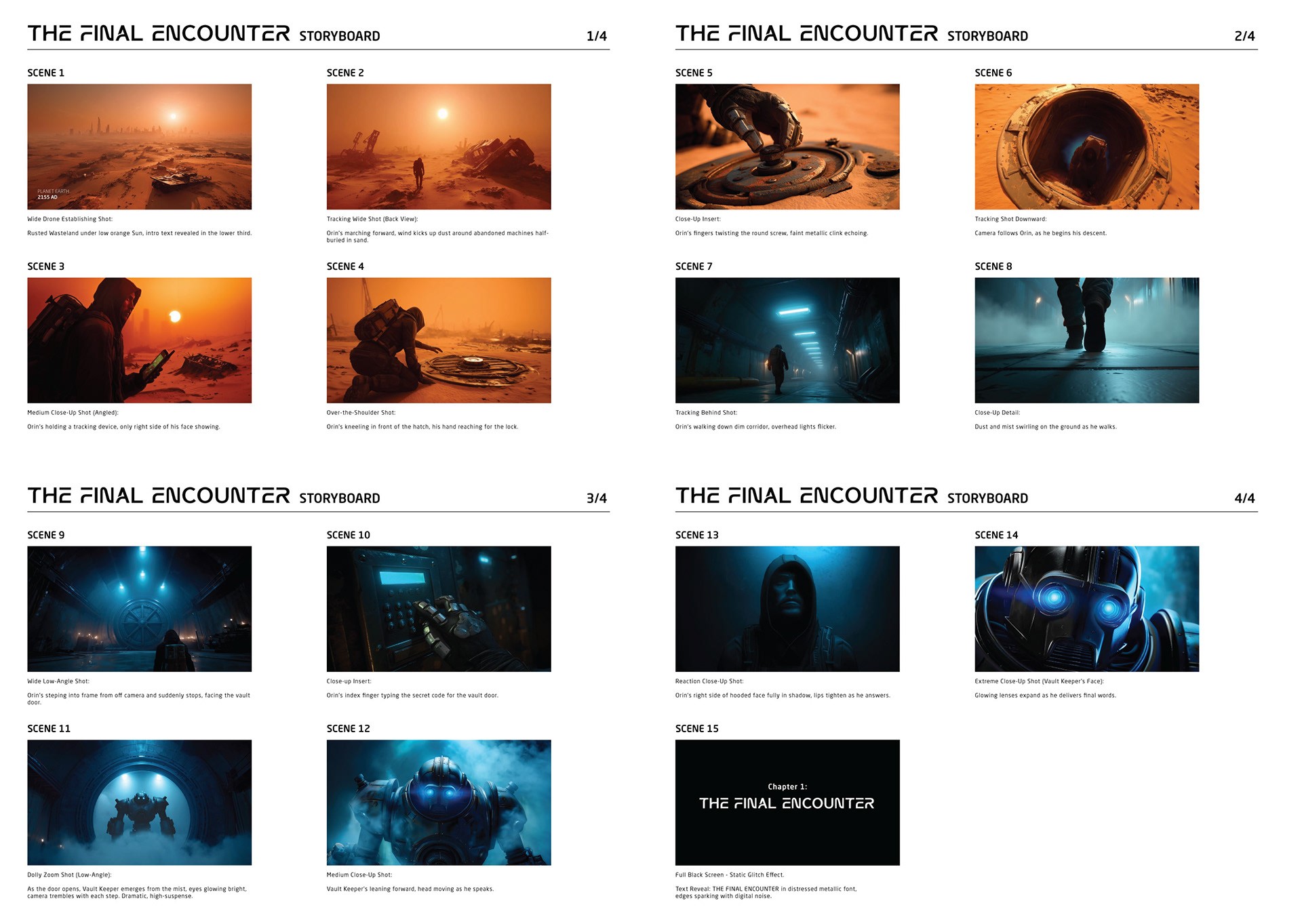 A four-page storyboard for The Final Encounter, mapping all fifteen scenes across the orange Wasteland and the cyan Underground.