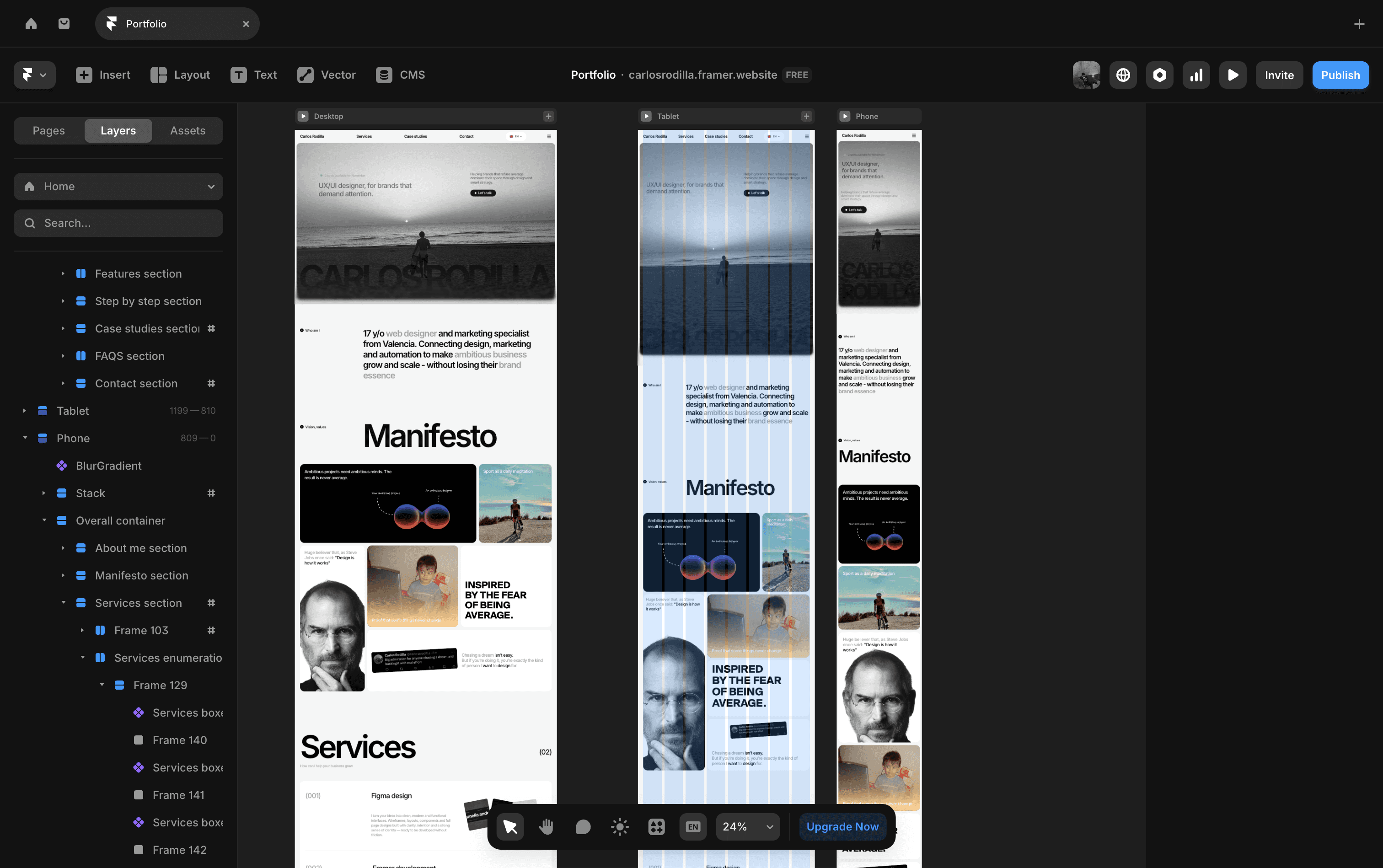 Framer interface of Carlos Rodilla's portfolio 
