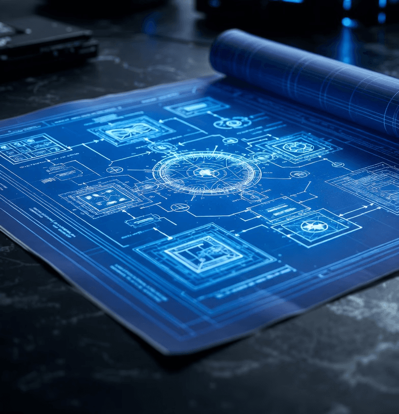 Glowing blue technical blueprint rolled open, representing strategic AI planning and organizational mapping