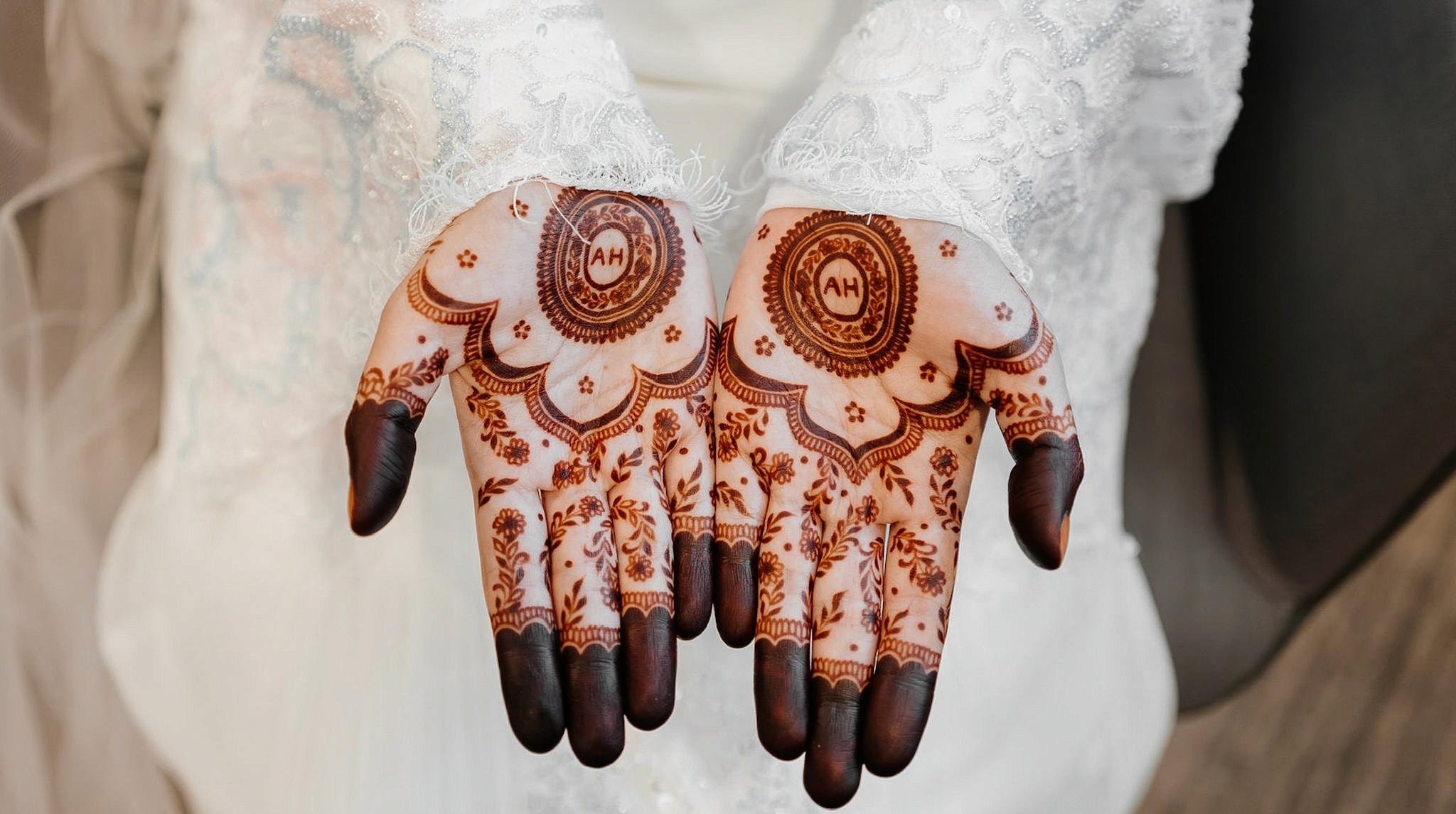 Close-up of bridal palm intricate henna design in Singapore.