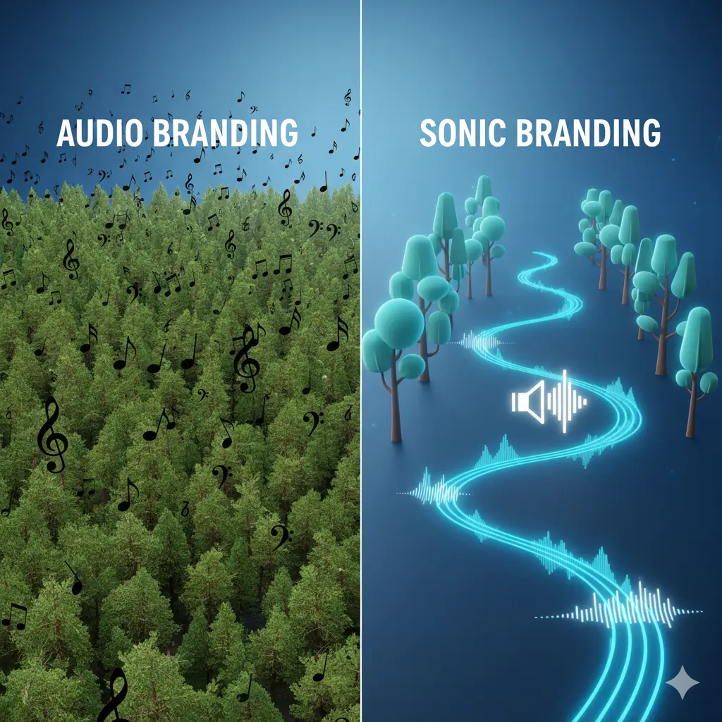 A clean, visual representation of the analogy. On the left, a sprawling forest with generic musical notes scattered throughout is labeled "AUDIO BRANDING." On the right, a single, distinct grove of trees with a unique, glowing soundwave path is labeled "SONIC BRANDING."