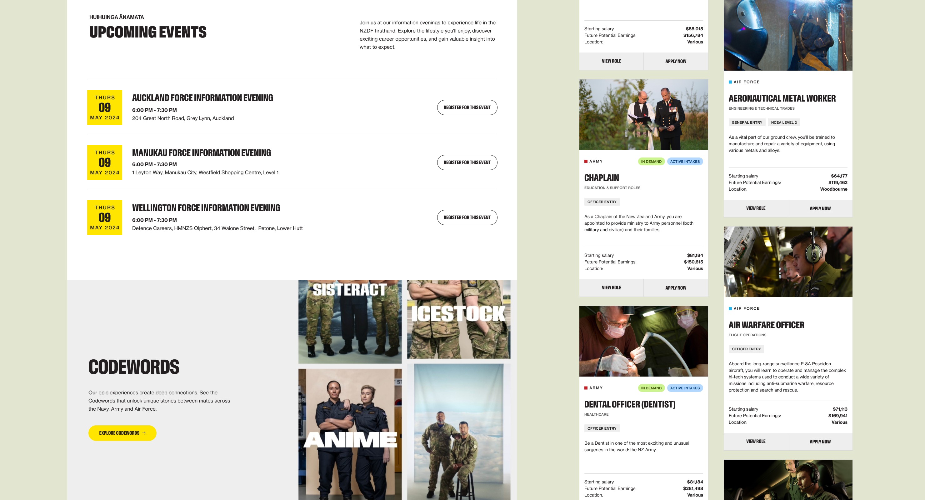 Screens showing a snippet of the events componets and job cards for NZDF Careers website