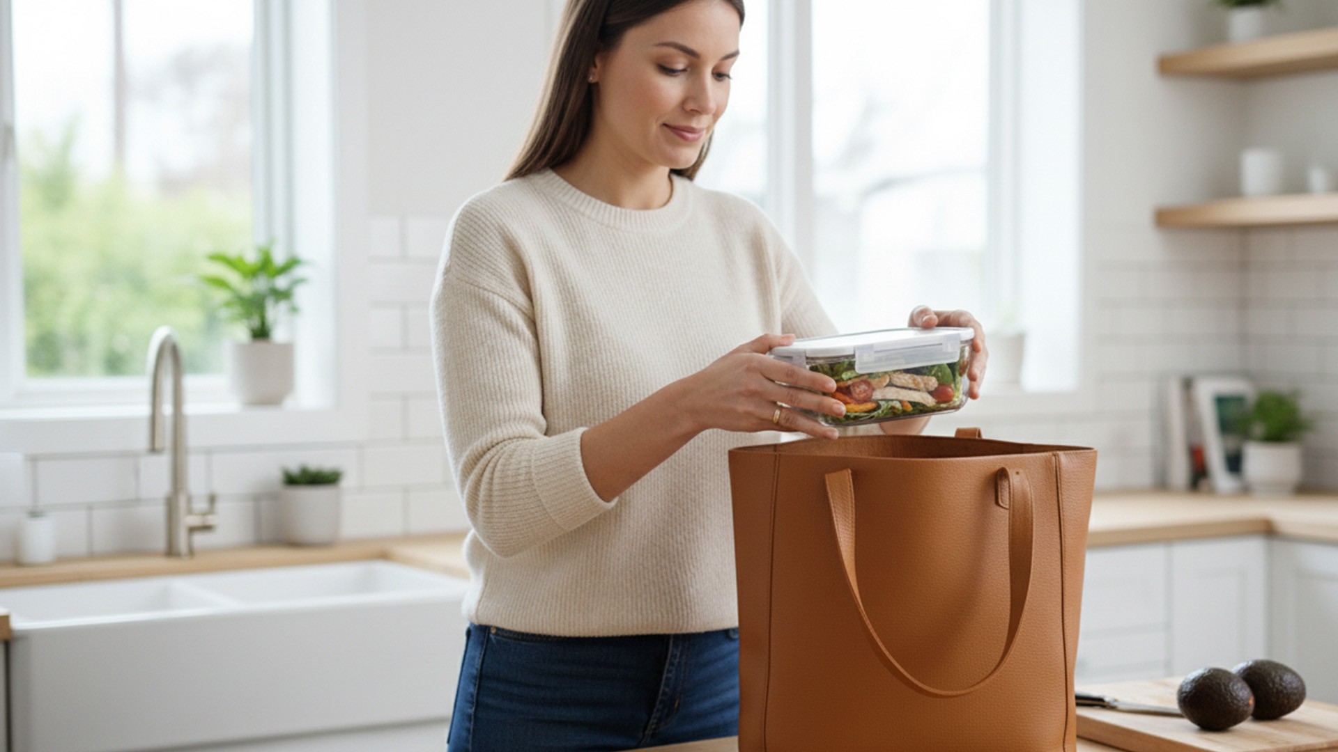 Eine Frau in lässiger, schicker Alltagskleidung legt eine Meal-Prep-Box mit Gemüse und Hähnchen waagerecht in eine große Tasche – helle Küche im Hintergrund, Szene wirkt organisiert und entspannt