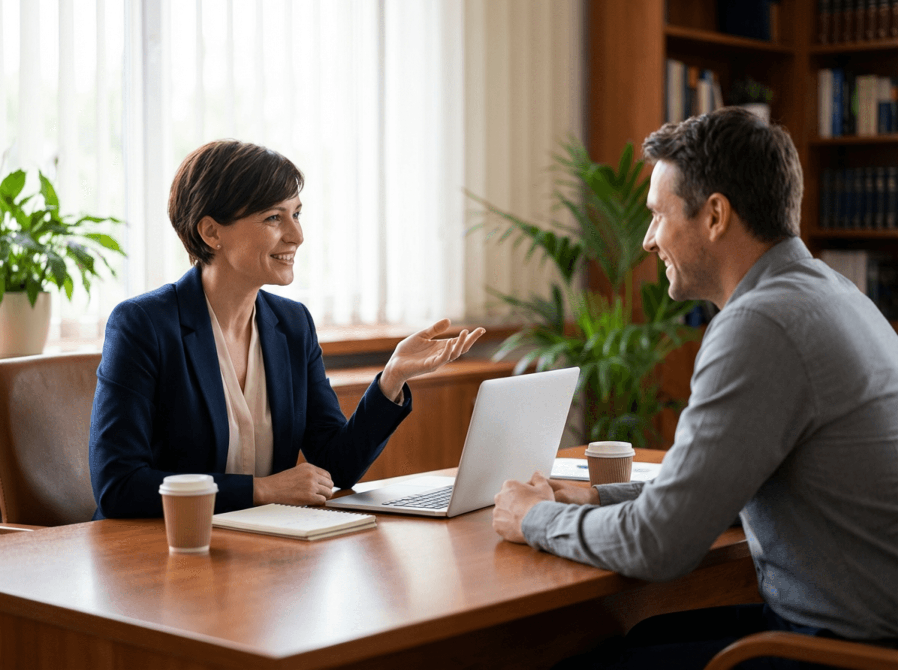 HR professional in a welcoming office engaged in a natural conversation with a colleague