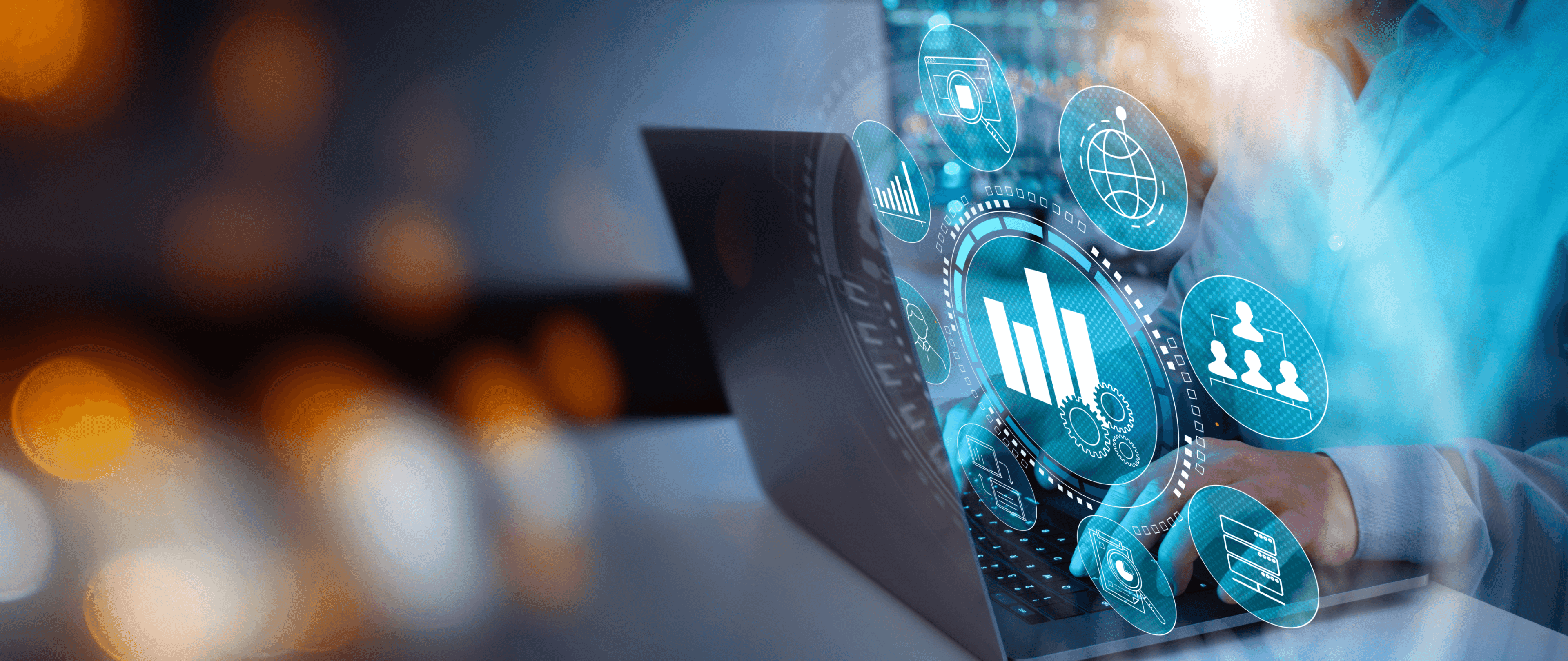 Person typing on a laptop with glowing digital analytics and workflow icons, representing an in-depth exploration of watchlist management processes and best practices in Part 2 of the guide.