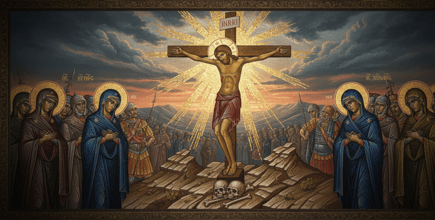 A depiction of Jesus on the cross, symbolizing sacrifice and redemption, with radiant light in the background, illustrating a central belief in Christian salvation.
