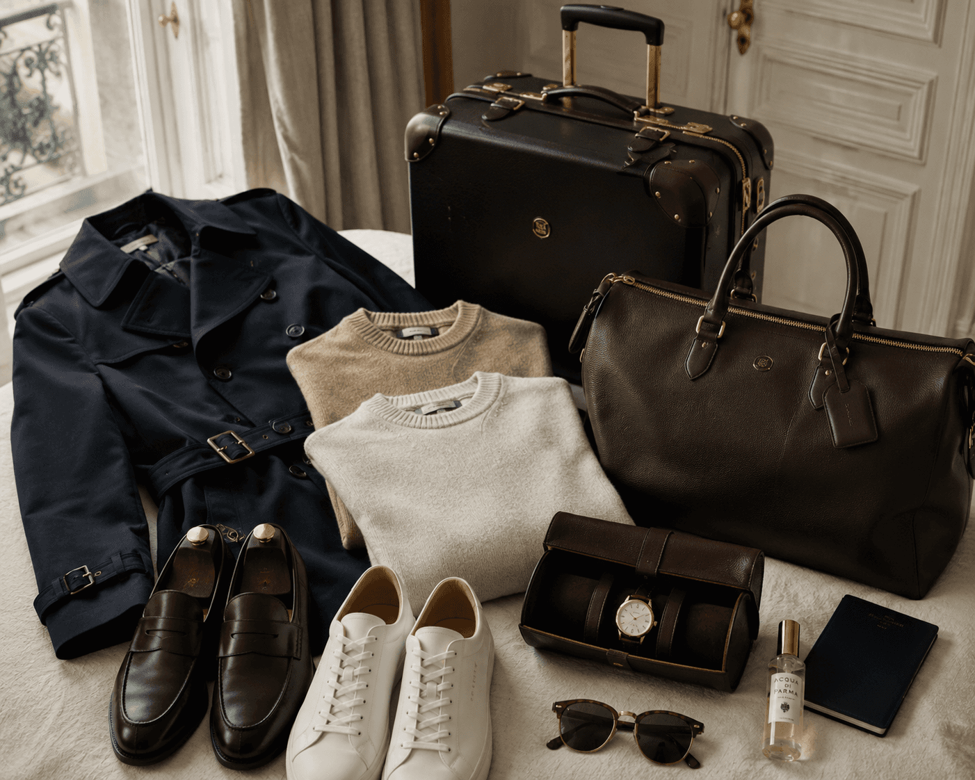 A comprehensive luxury travel packing flatlay laid out on a beige bed sheet. In the upper center sits a structured black and dark brown leather vintage-style carry-on suitcase next to a dark brown leather weekender duffel bag. Laid out around the luggage are clothing items including a double-breasted navy trench coat, two folded crewneck knit sweaters in camel and off-white, dark brown dress loafers with wooden shoe trees, and clean white leather sneakers. Travel accessories in the foreground include a leather watch case holding a dress watch, tortoiseshell sunglasses, a perfume bottle, and a dark blue notebook.