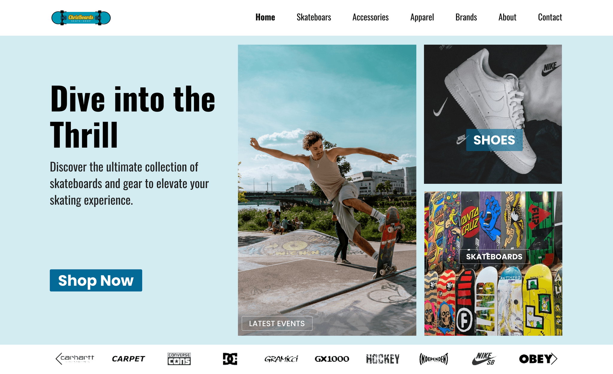 A skateboarder in mid-action at a skatepark, performing a trick on a ramp under a clear sky. The image also showcases various skateboard decks and shoes in a bright, energetic layout.