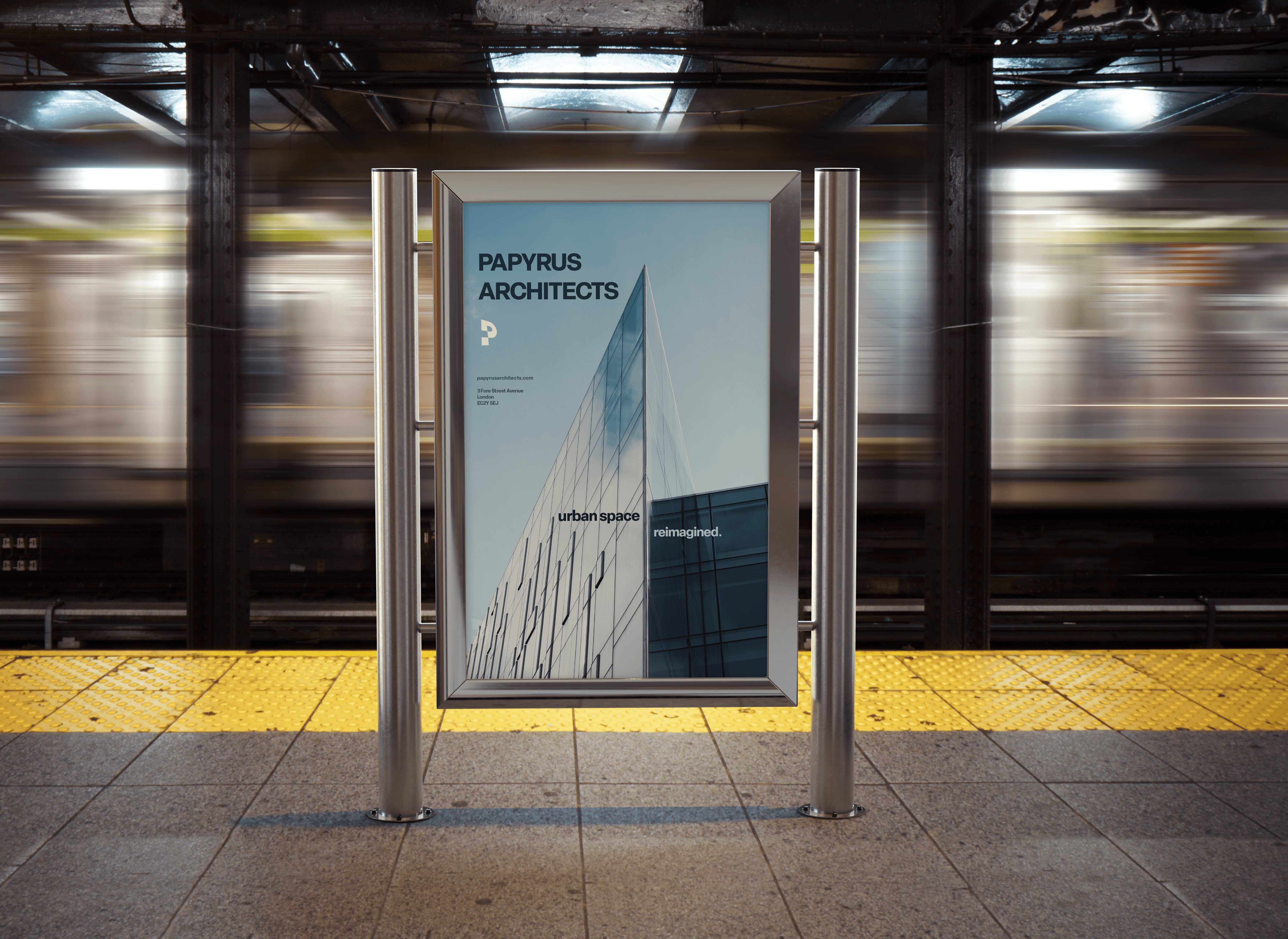 A metro billboard poster for Papyrus Architects. The poster has a skyscraper and successfully promotes Papyrus Architects.