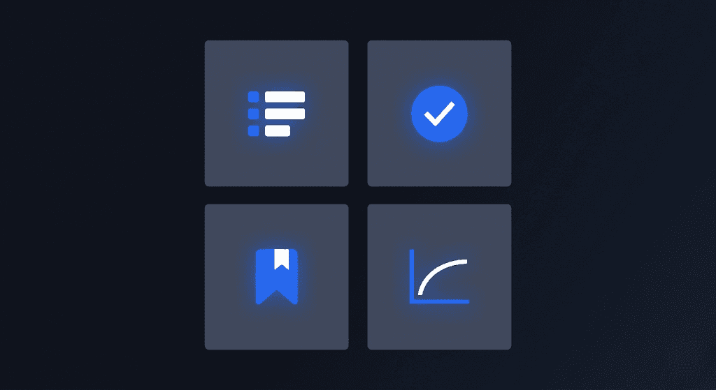 A 2x2 dark-mode grid of four illuminated cobalt icons representing the four release metrics: CPM bars, CPA check, save bookmark, retention curve