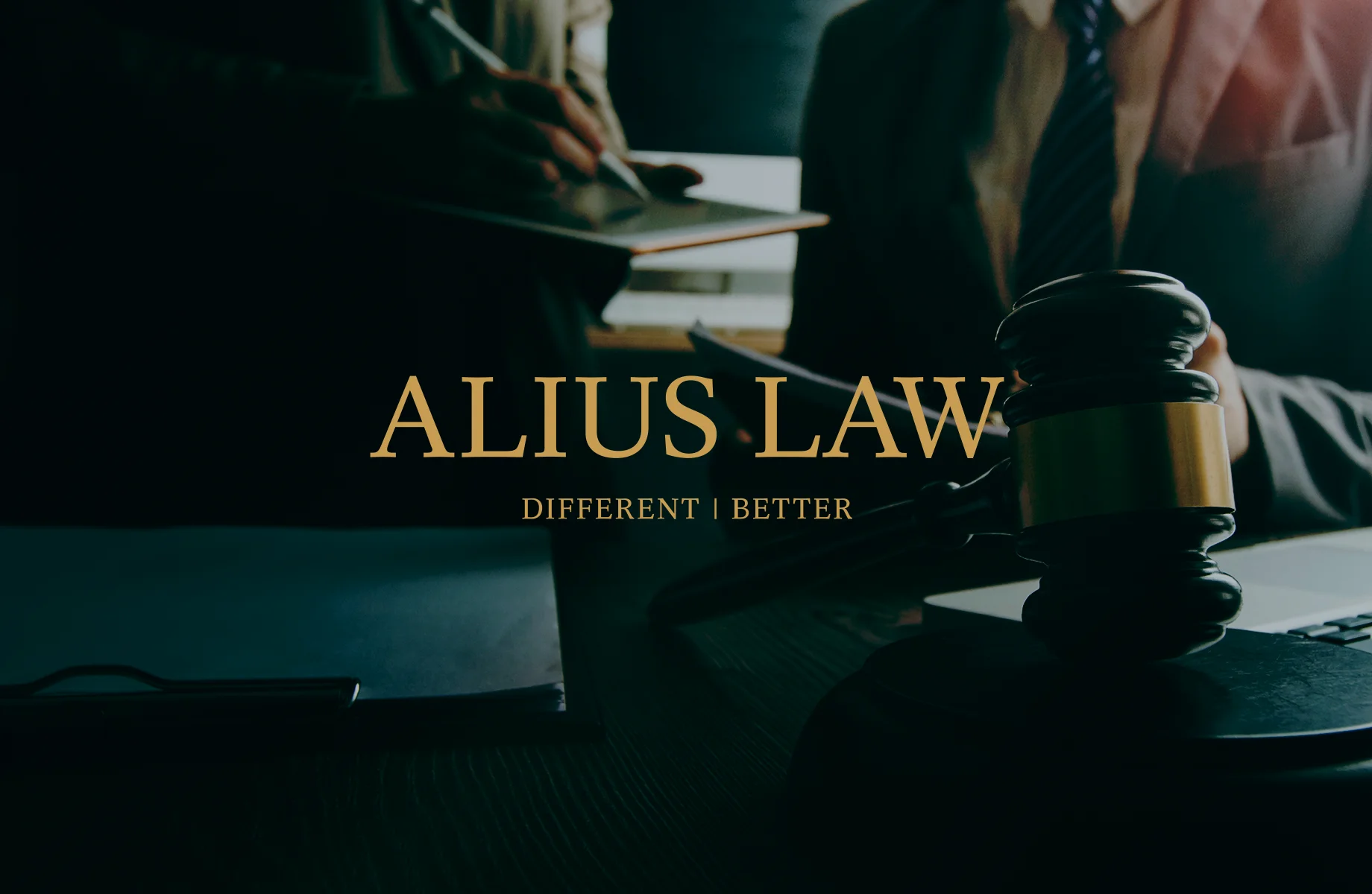 Alius Law brand revamp visual – gold typography and gavel on lawyer desk background, conveying authority and sophistication in high-value disputes by Teatime Studio.