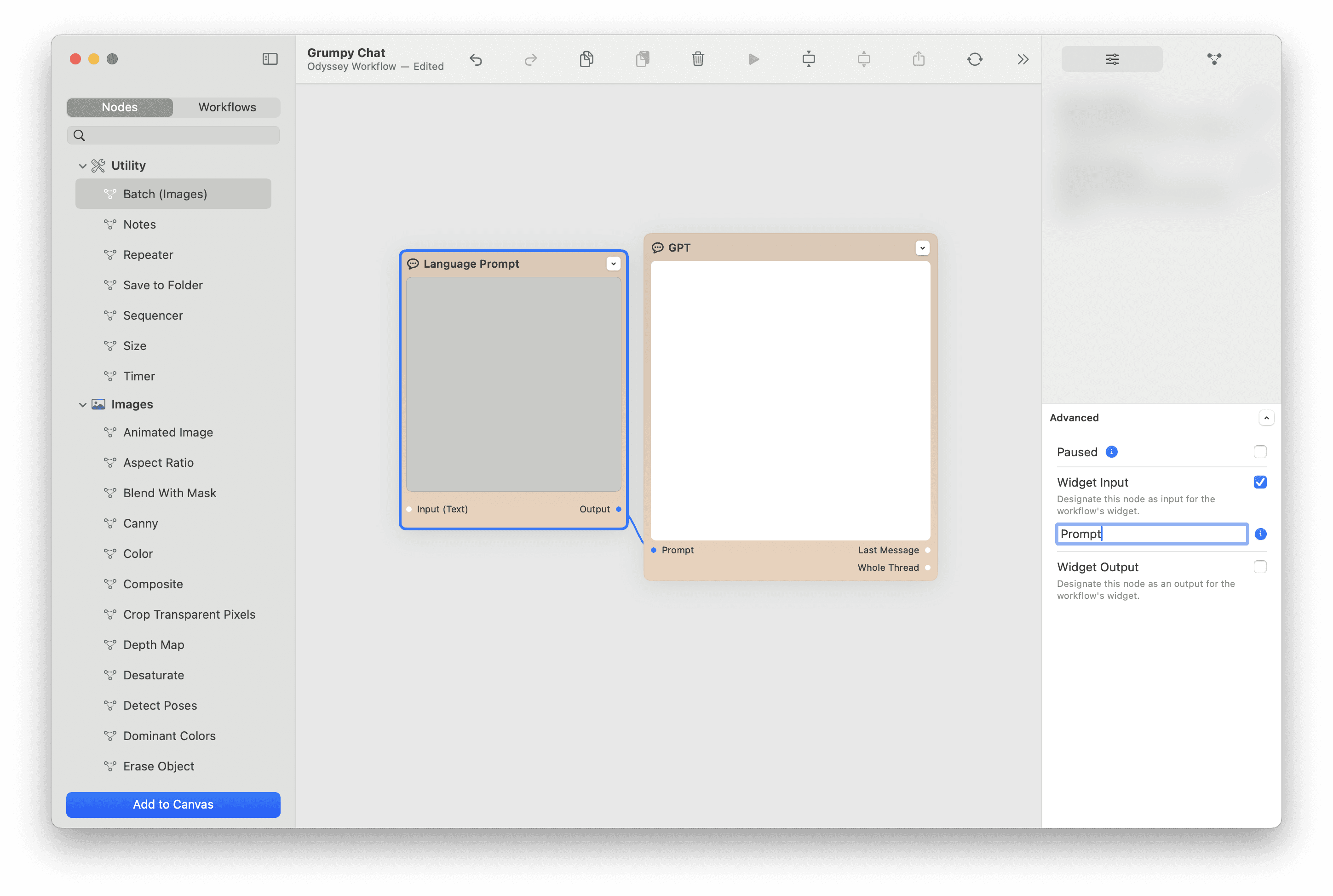 A chatbot workflow with Odyssey showing advanced settings