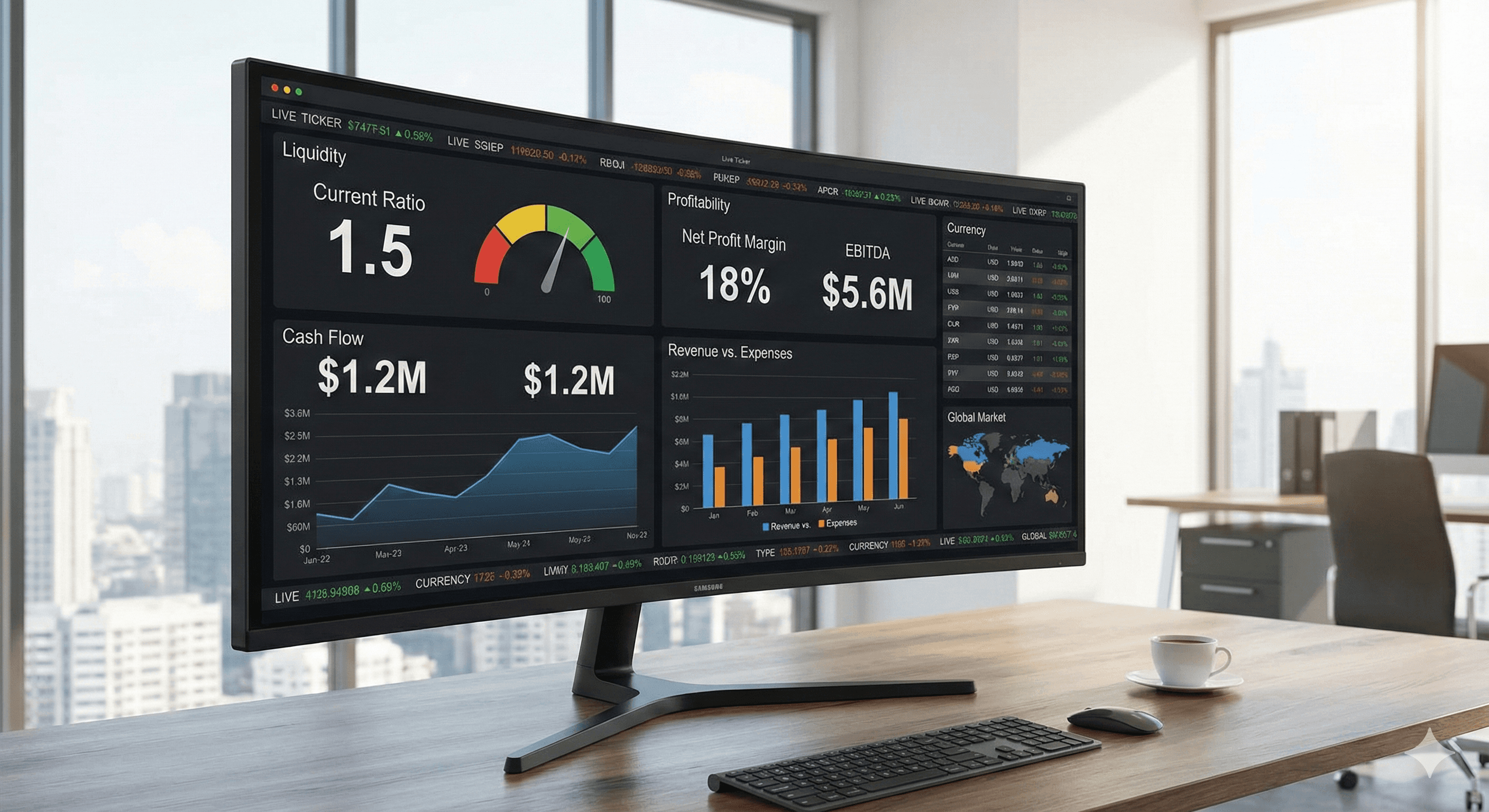 	A modern financial dashboard displaying real-time liquidity and profitability metrics on a high-resolution monitor.