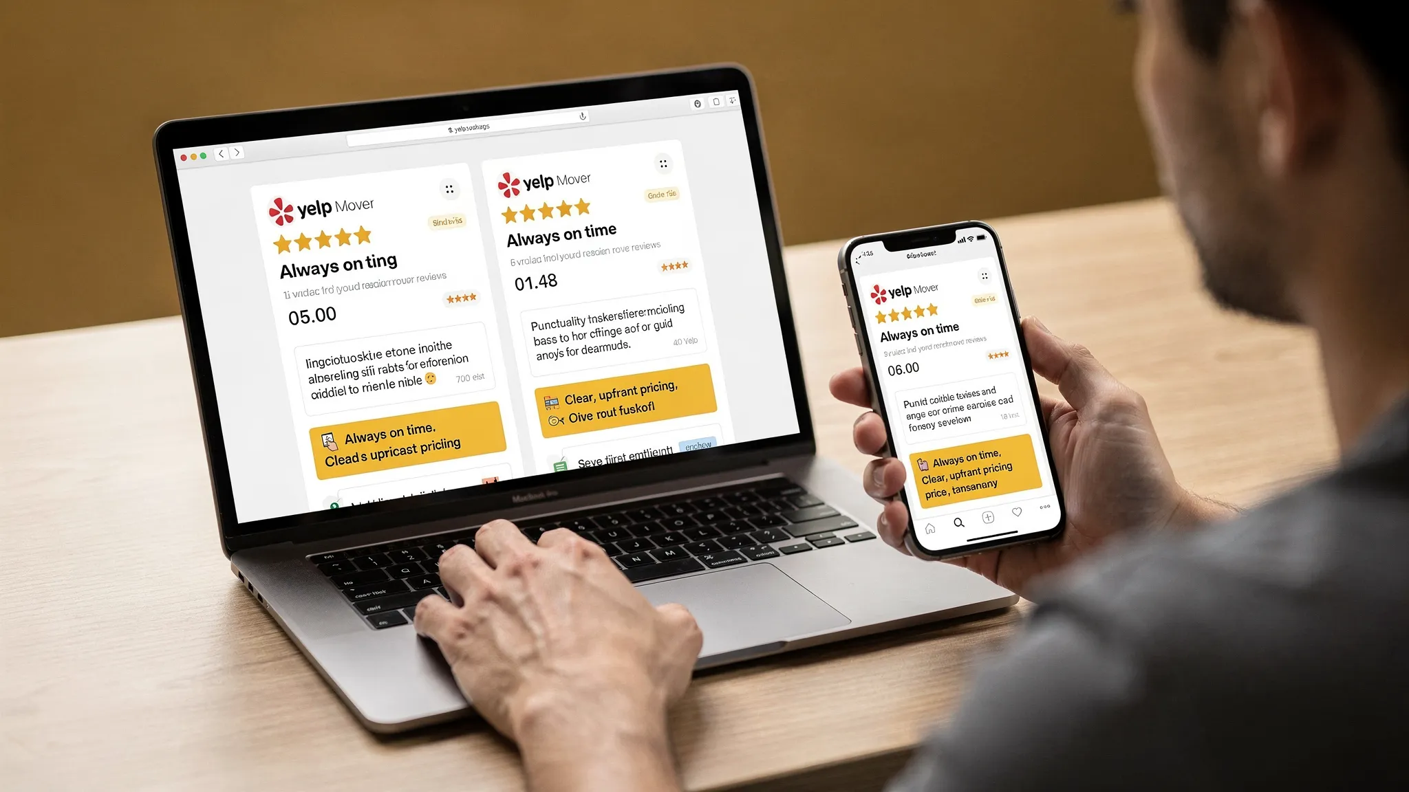 A person comparing two Yelp mover listings side by side on a phone and a laptop, with visible star ratings, review counts, and highlighted review snippets about punctuality and pricing clarity.