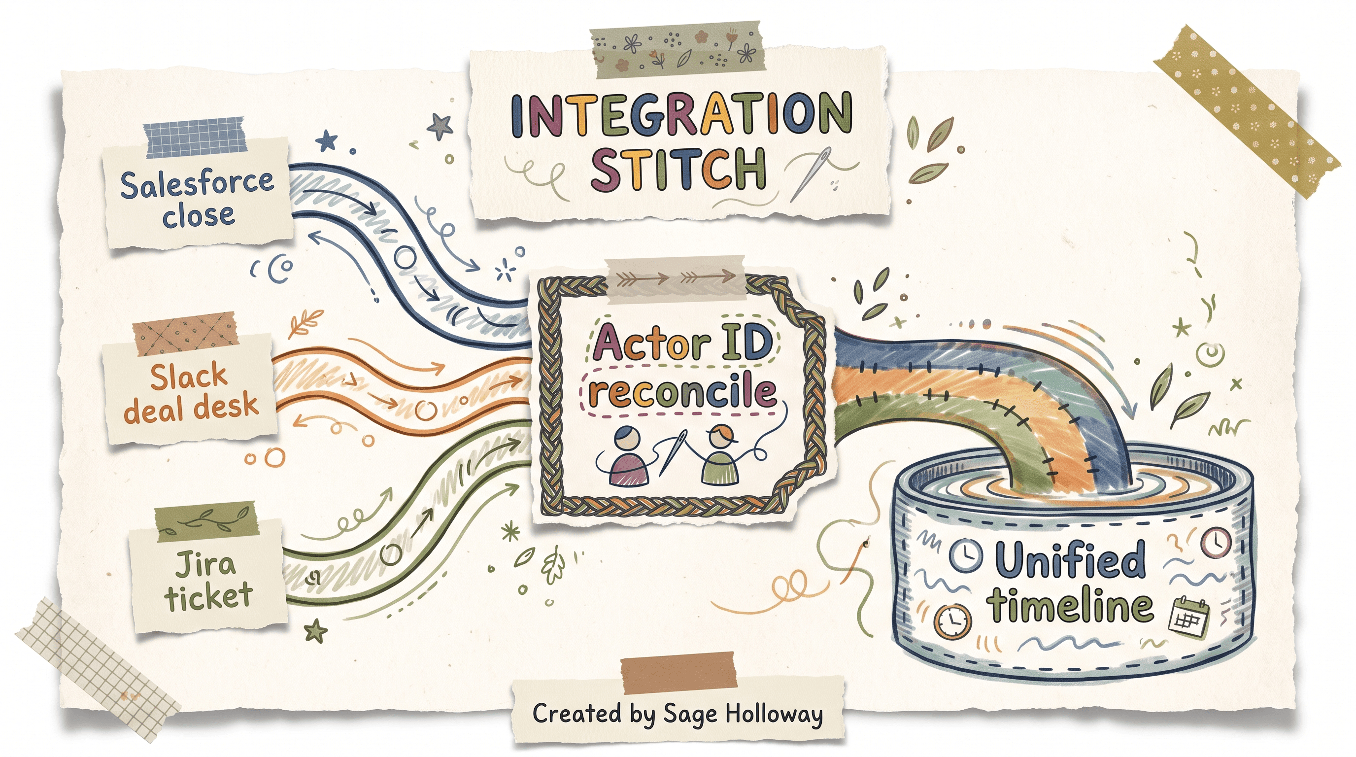 Scrapbook blueprint diagram stitching Salesforce, Slack, and Jira events into one actor timeline