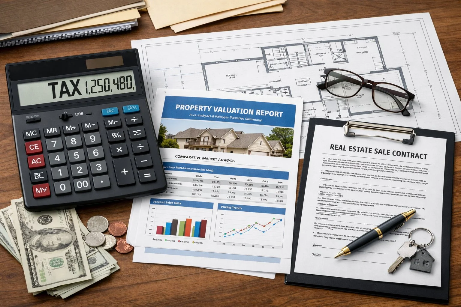 Financial workspace with a calculator showing large tax numbers, alongside property valuation reports, a home blueprint, and a sale contract.